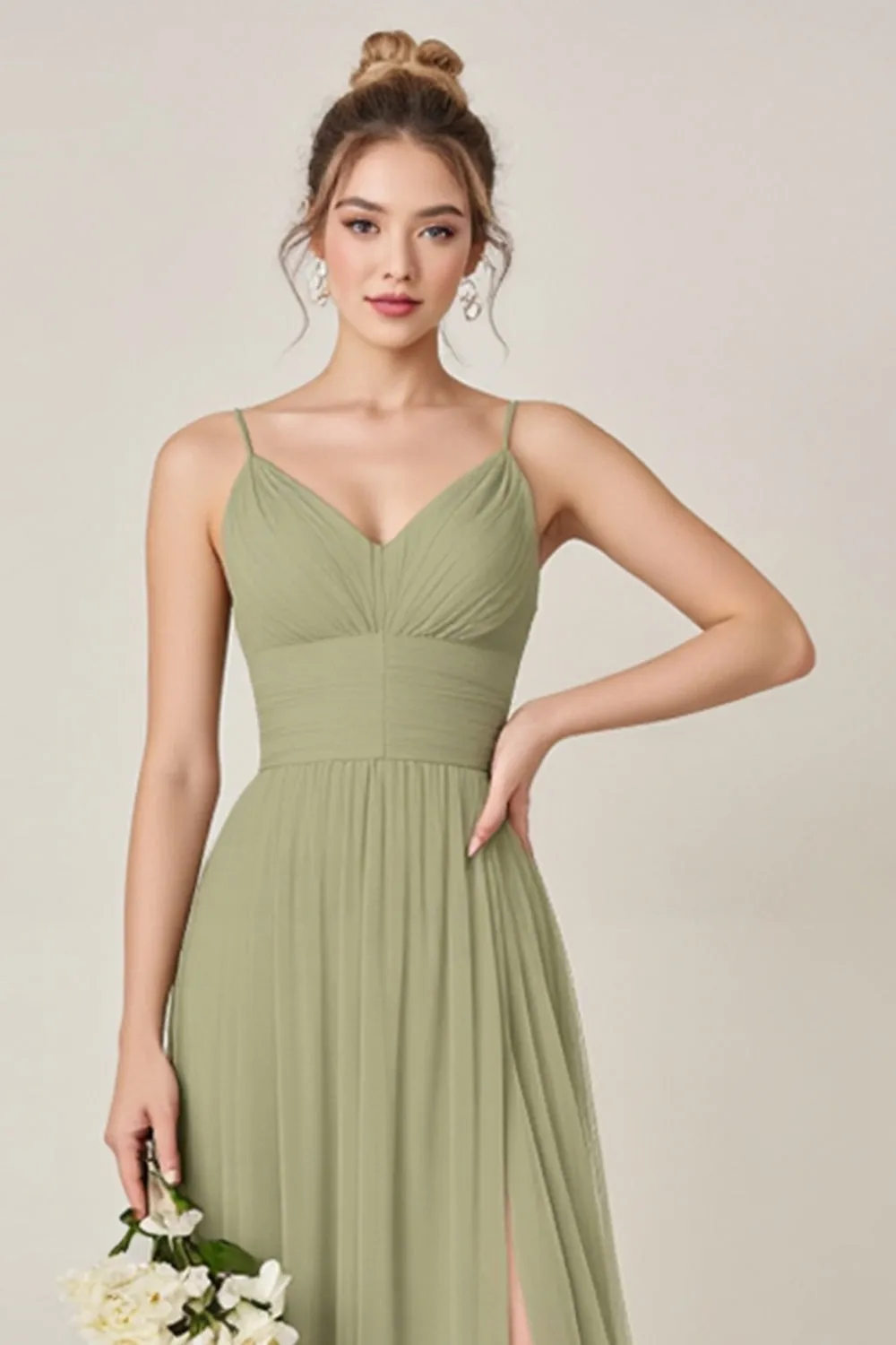 Sage Green A Line Chiffon Spaghetti Straps Long Bridesmaid Dress with Slit sold by Zapaka product image thumbnail 3