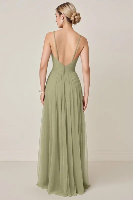 Sage Green A Line Chiffon Spaghetti Straps Long Bridesmaid Dress with Slit sold by Zapaka
