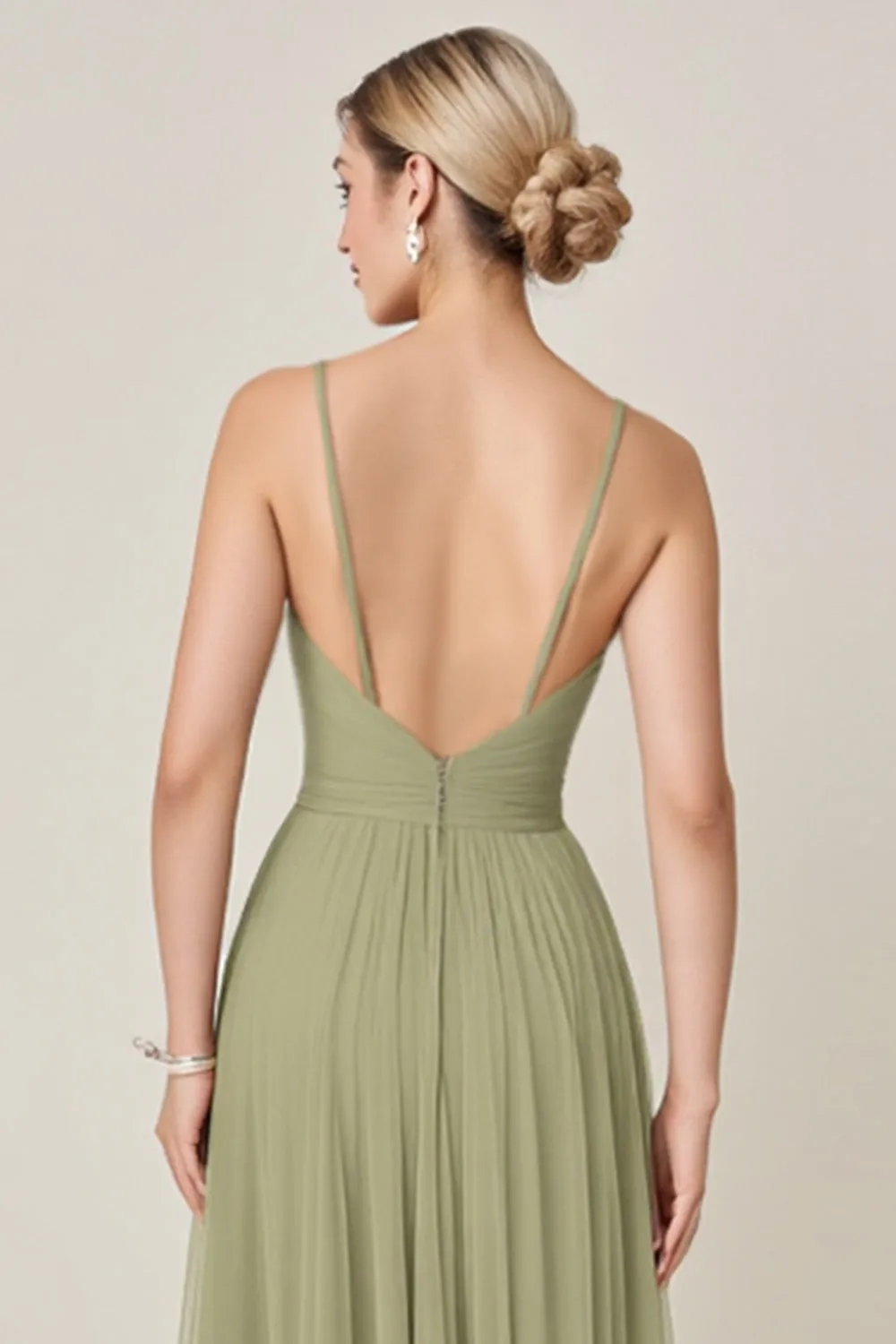 Sage Green A Line Chiffon Spaghetti Straps Long Bridesmaid Dress with Slit sold by Zapaka product image thumbnail 4
