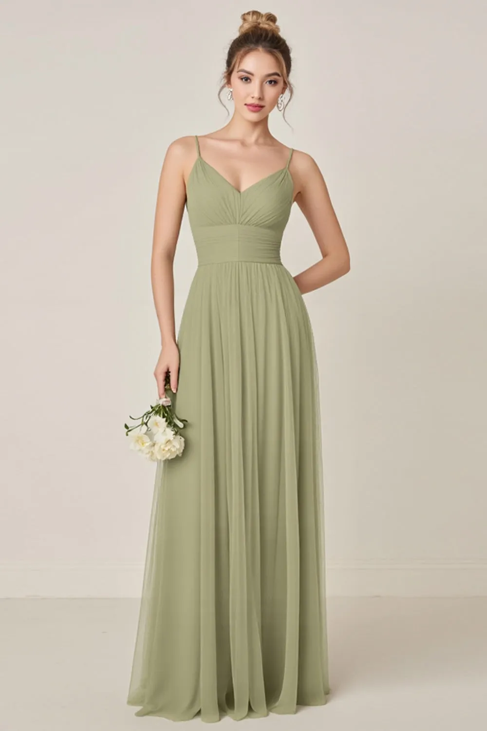 Sage Green A Line Chiffon Spaghetti Straps Long Bridesmaid Dress with Slit sold by Zapaka product image thumbnail 2
