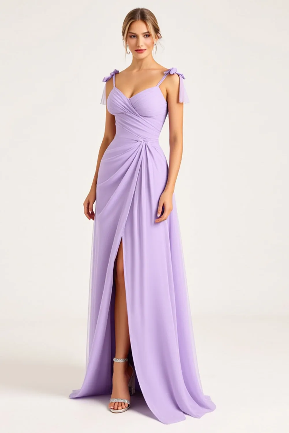 Lilac Ruched Chiffon A Line Long Bridesmaid Dress with Slit sold by Zapaka