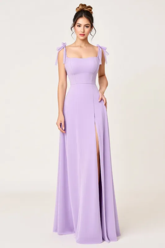 Lilac A Line Long Chiffon Bridesmaid Dress with Slit sold by Zapaka