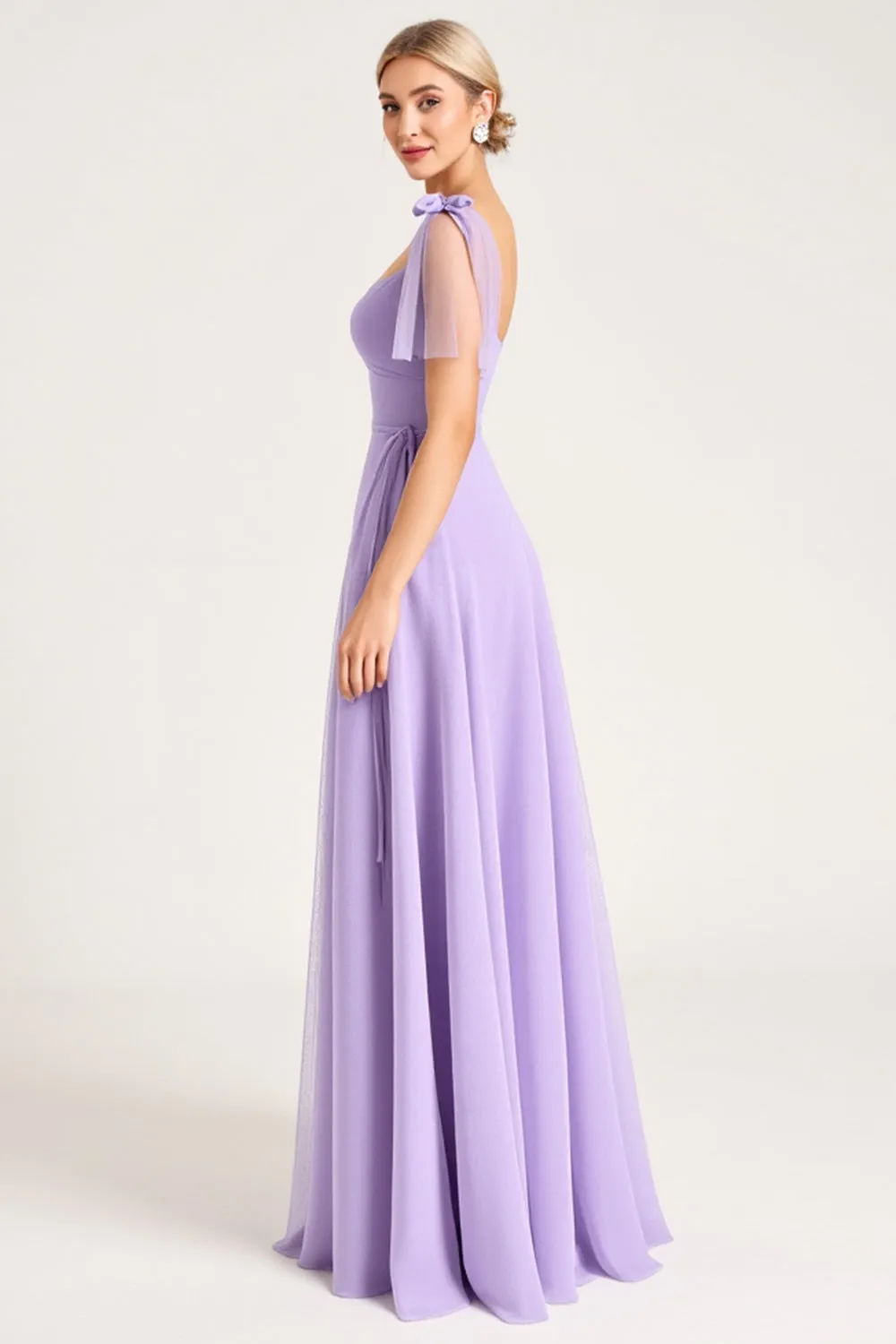 Chiffon Lilac A Line Tie-up Shoulder Straps Long Bridesmaid Dress with Slit sold by Zapaka product image thumbnail 3