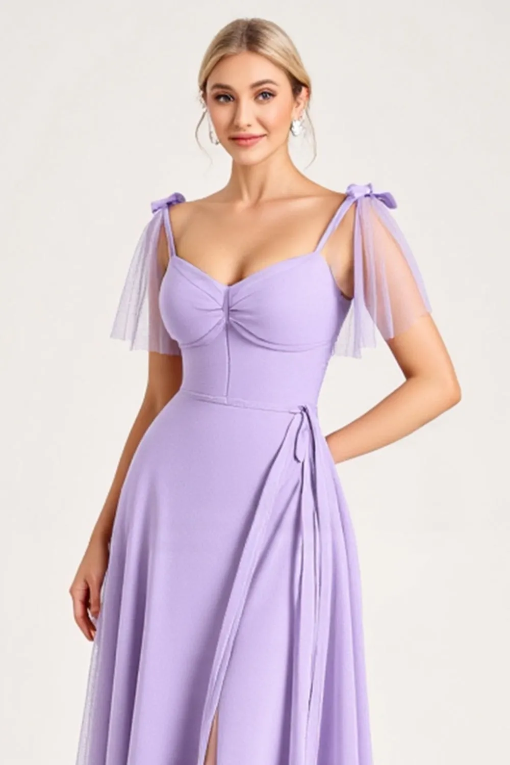Chiffon Lilac A Line Tie-up Shoulder Straps Long Bridesmaid Dress with Slit sold by Zapaka product image thumbnail 4