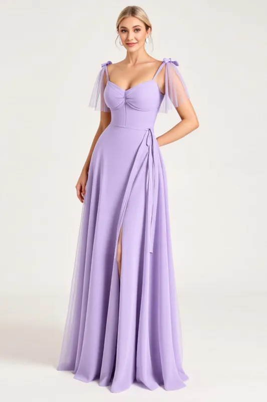 Chiffon Lilac A Line Tie-up Shoulder Straps Long Bridesmaid Dress with Slit sold by Zapaka