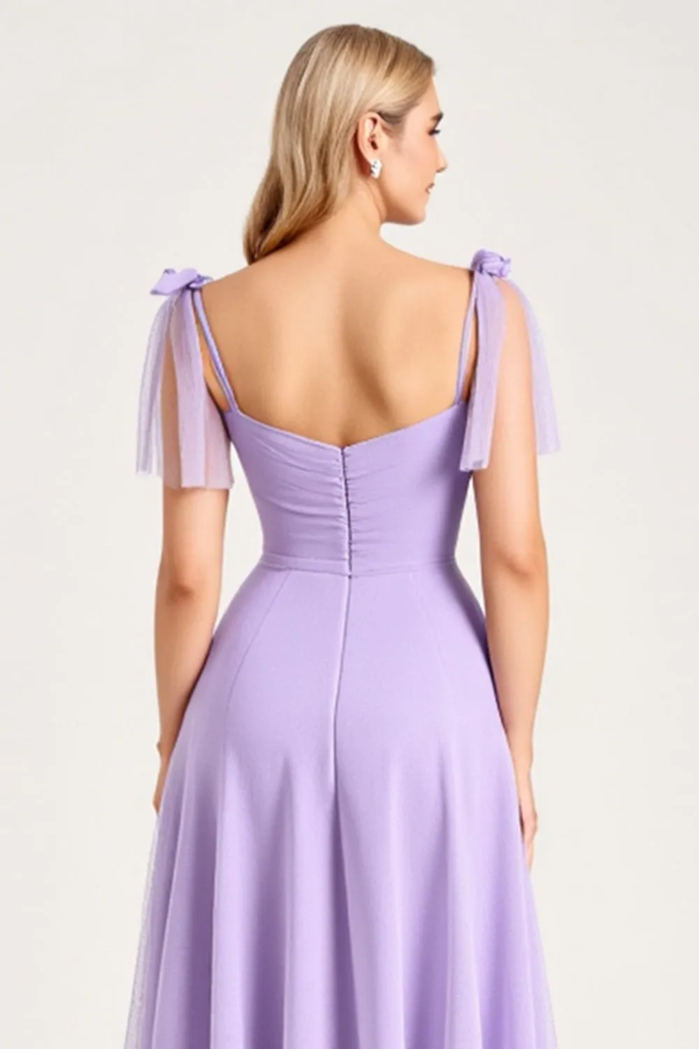 Chiffon Lilac A Line Tie-up Shoulder Straps Long Bridesmaid Dress with Slit sold by Zapaka product image thumbnail 5