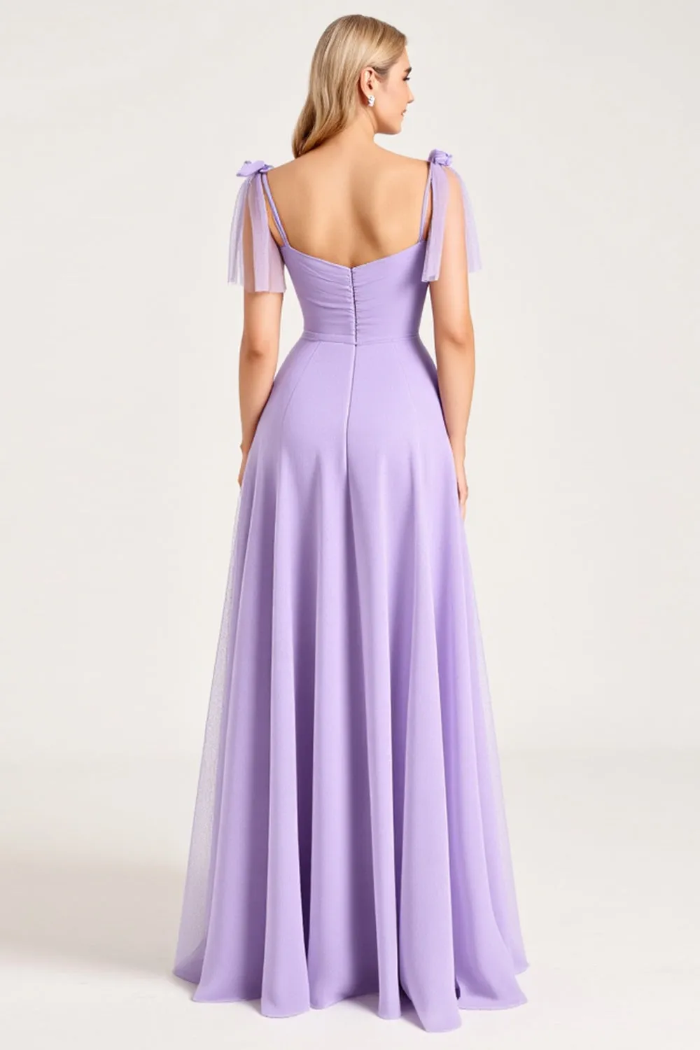 Chiffon Lilac A Line Tie-up Shoulder Straps Long Bridesmaid Dress with Slit sold by Zapaka product image thumbnail 2