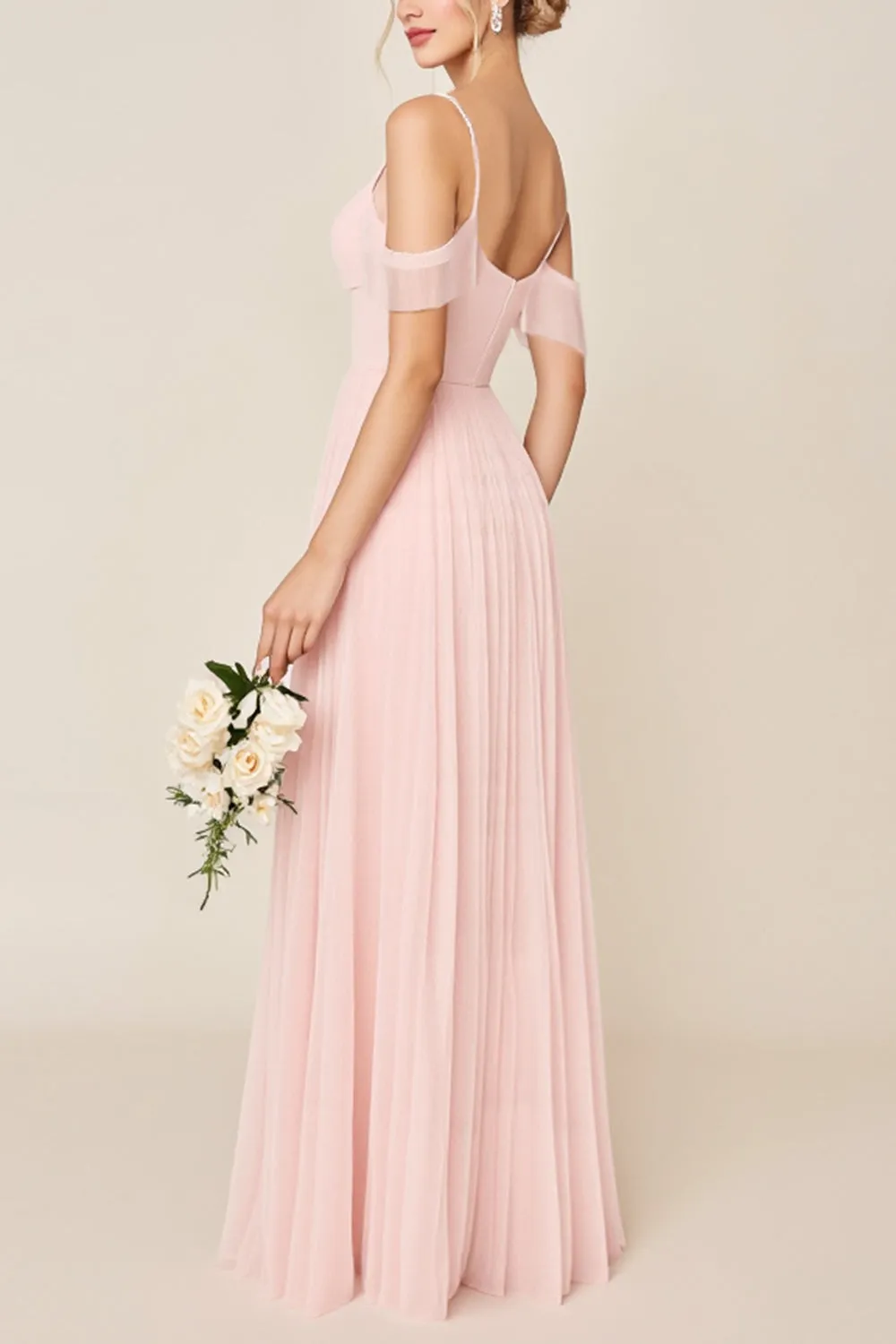 Blushing Pink A Line Cold Shoulder Tulle Long Bridesmaid Dress sold by Zapaka product image thumbnail 2
