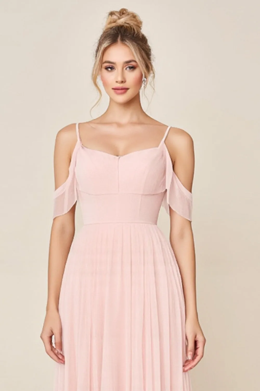 Blushing Pink A Line Cold Shoulder Tulle Long Bridesmaid Dress sold by Zapaka product image thumbnail 3