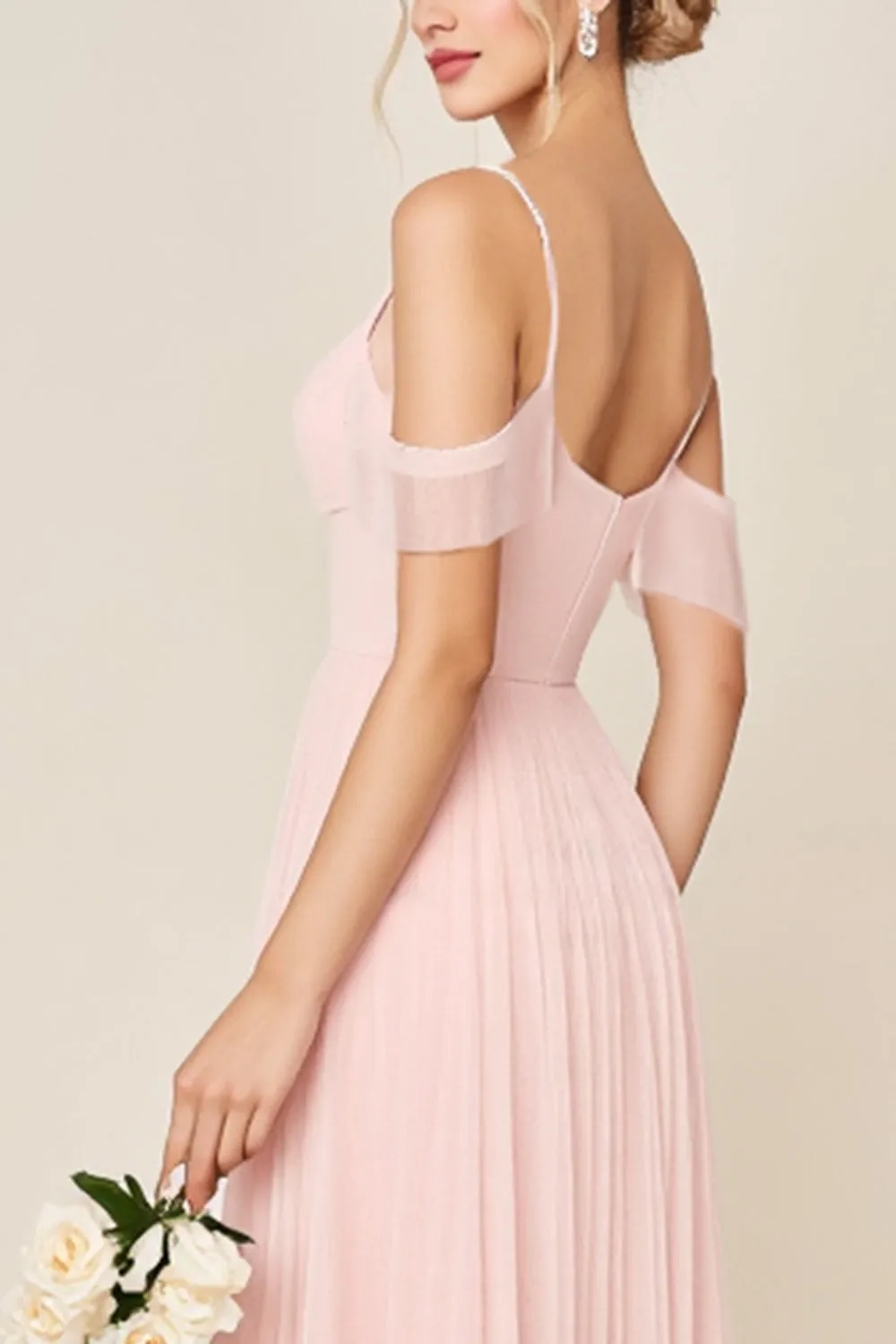 Blushing Pink A Line Cold Shoulder Tulle Long Bridesmaid Dress sold by Zapaka product image thumbnail 4