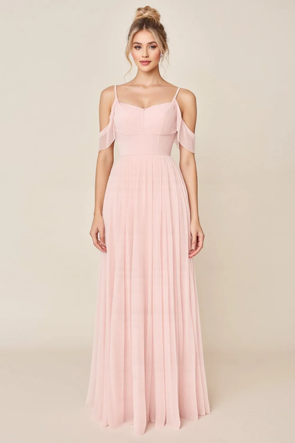 Blushing Pink A Line Cold Shoulder Tulle Long Bridesmaid Dress sold by Zapaka