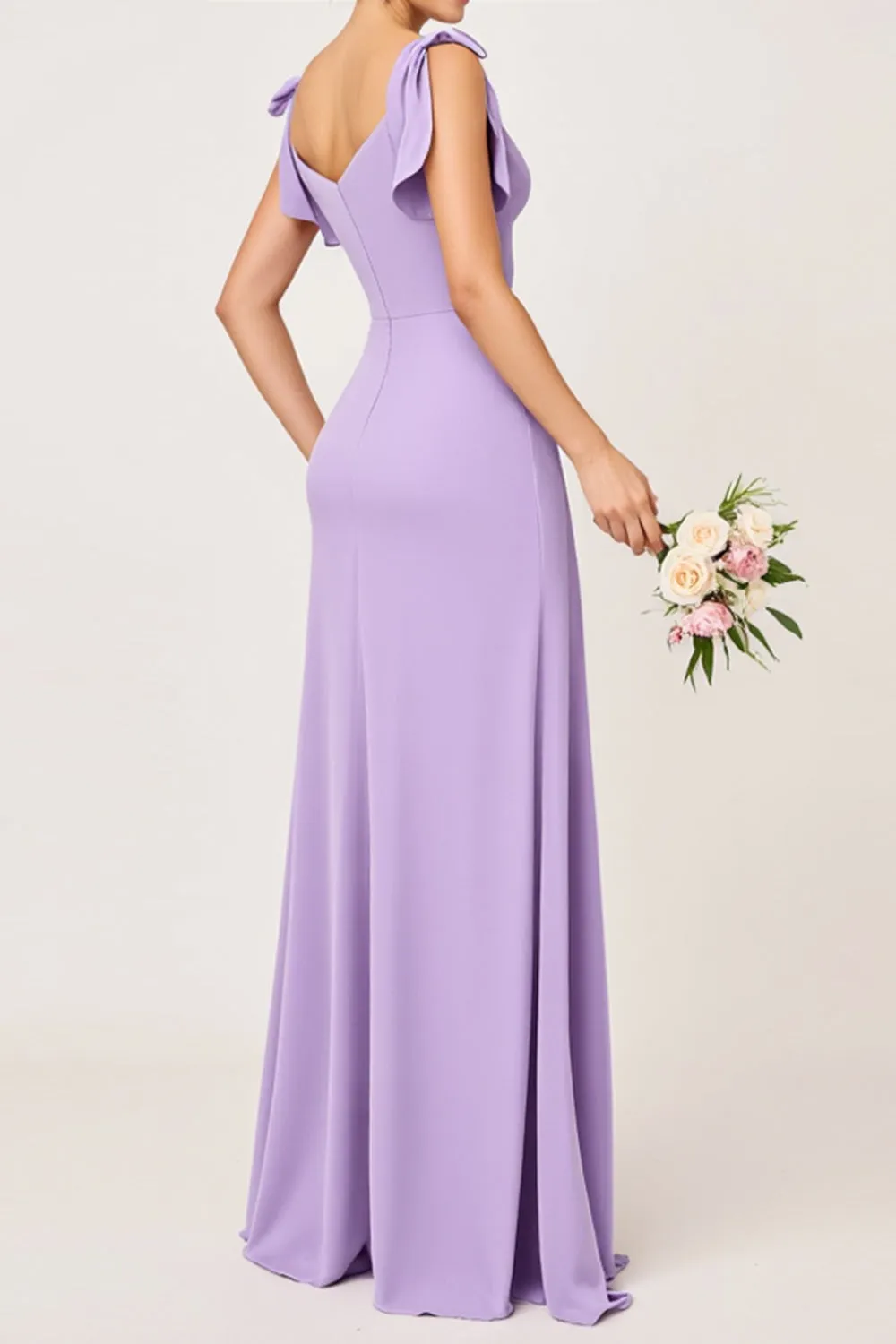 Lilac Chiffon Ruched V-Neck Long Bridesmaid Dress with Slit sold by Zapaka product image thumbnail 3