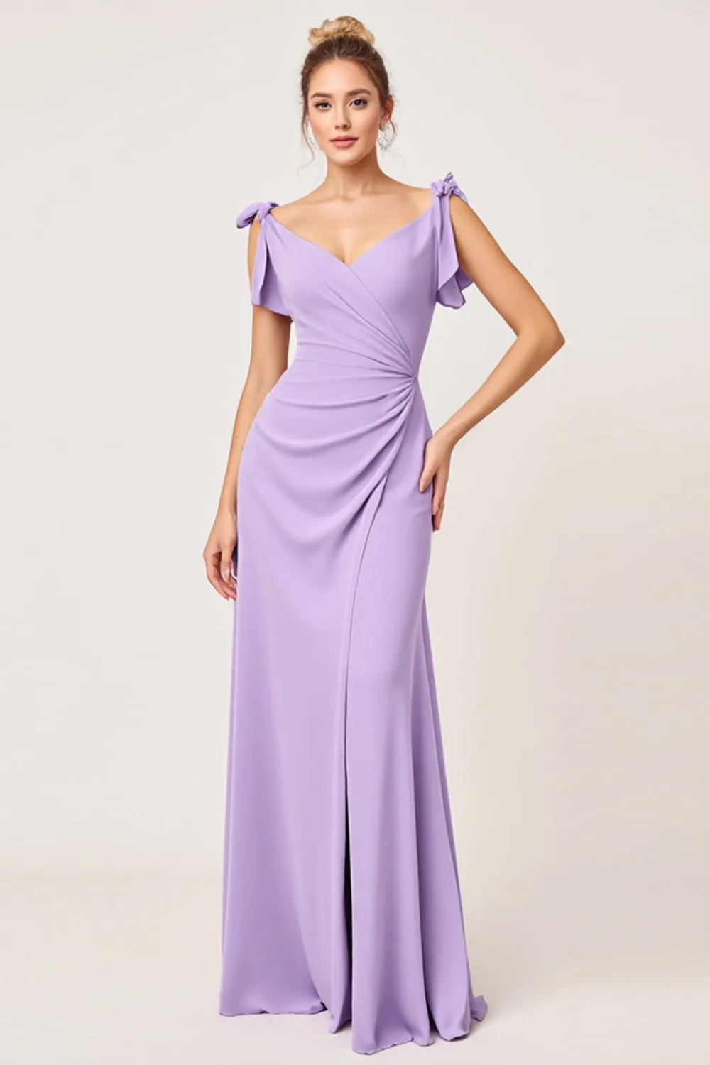 Lilac Chiffon Ruched V-Neck Long Bridesmaid Dress with Slit sold by Zapaka
