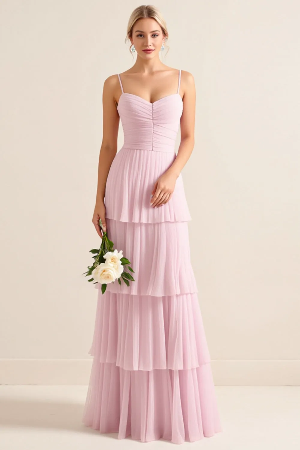 Candy Pink Spaghetti Straps A Line Ruffled Long Bridesmaid Dress sold by Zapaka