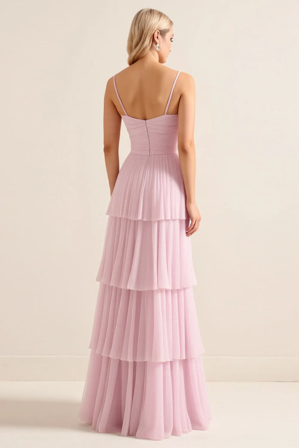 Candy Pink Spaghetti Straps A Line Ruffled Long Bridesmaid Dress sold by Zapaka product image thumbnail 2
