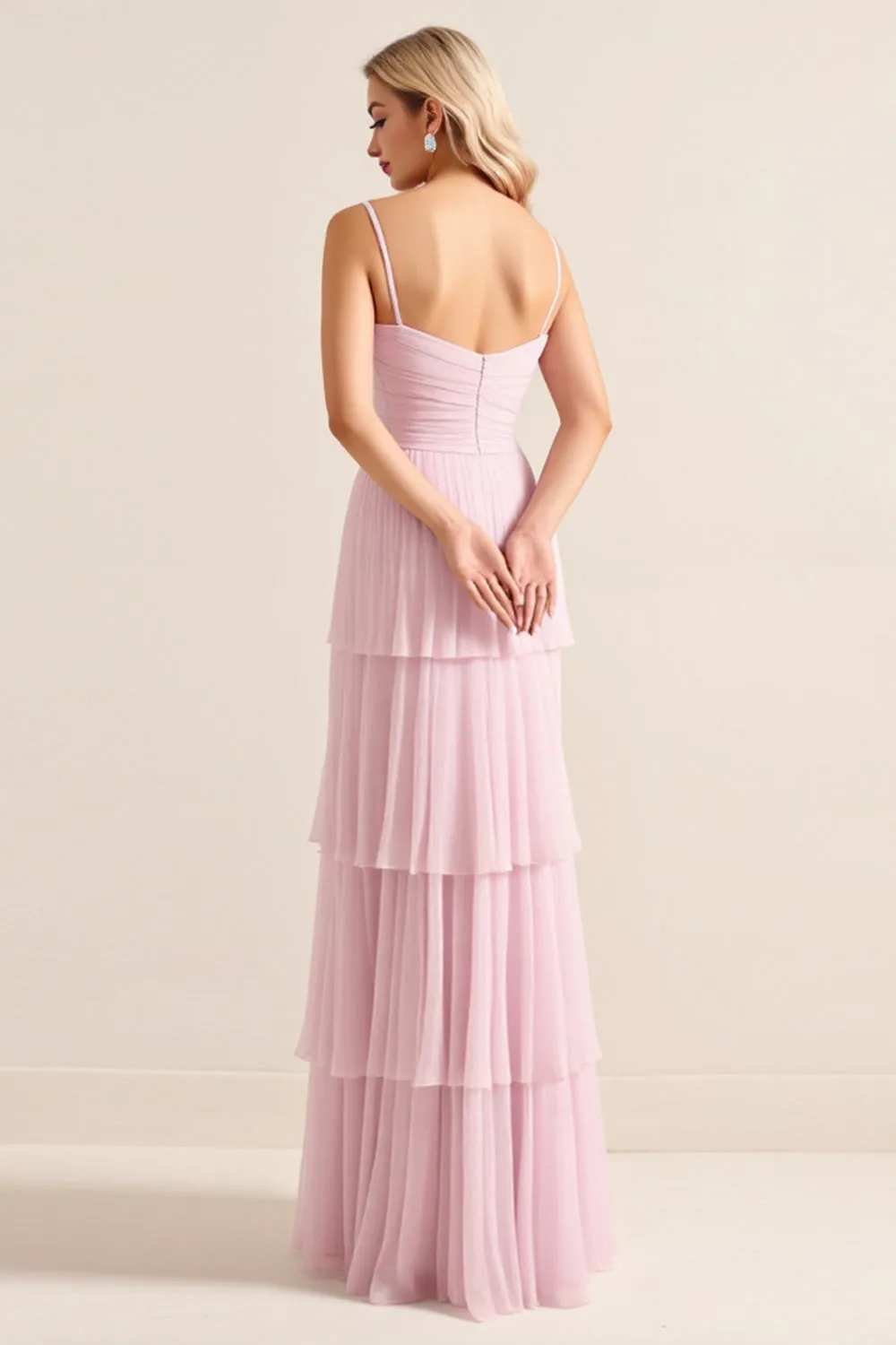 Candy Pink Spaghetti Straps A Line Ruffled Long Bridesmaid Dress sold by Zapaka product image thumbnail 3