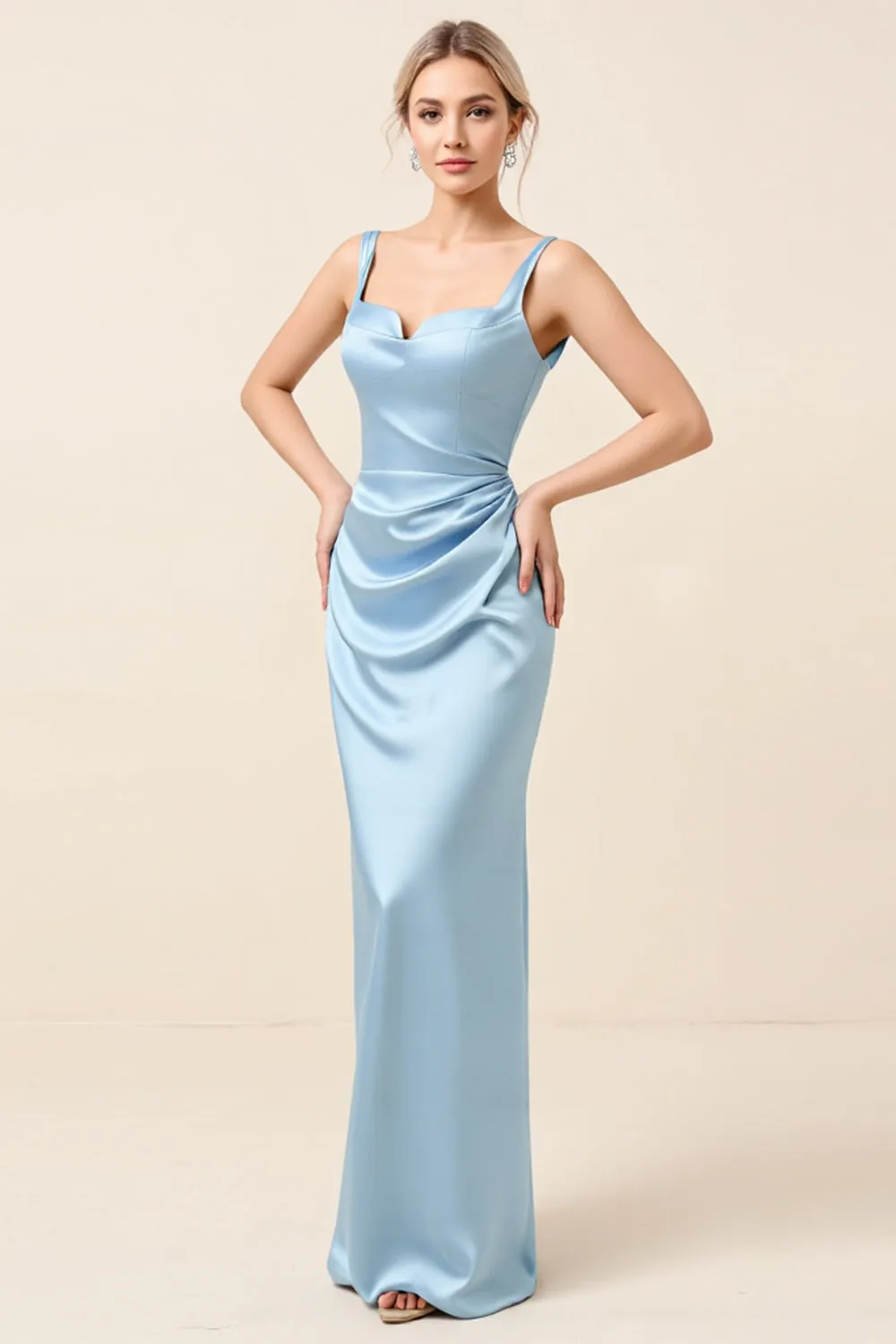 Sky Blue Satin Ruched Sheath Long Bridesmaid Dress sold by Zapaka product image thumbnail 5