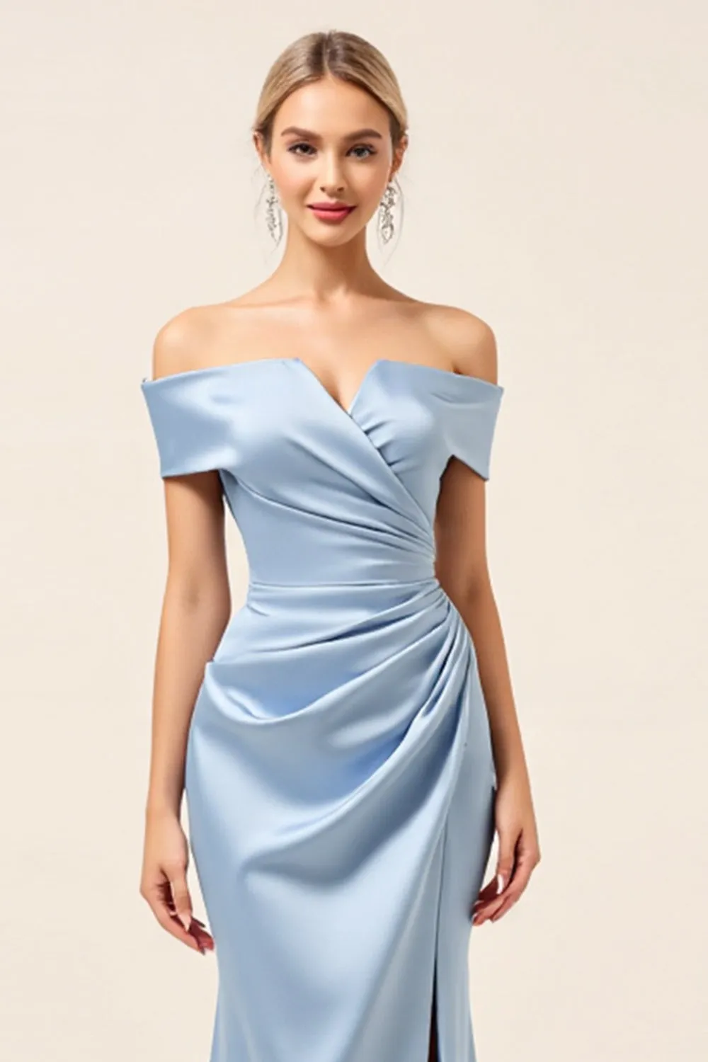 Sky Blue Off The Shoulder Satin Ruched Long Bridesmaid Dress with Slit sold by Zapaka product image thumbnail 4