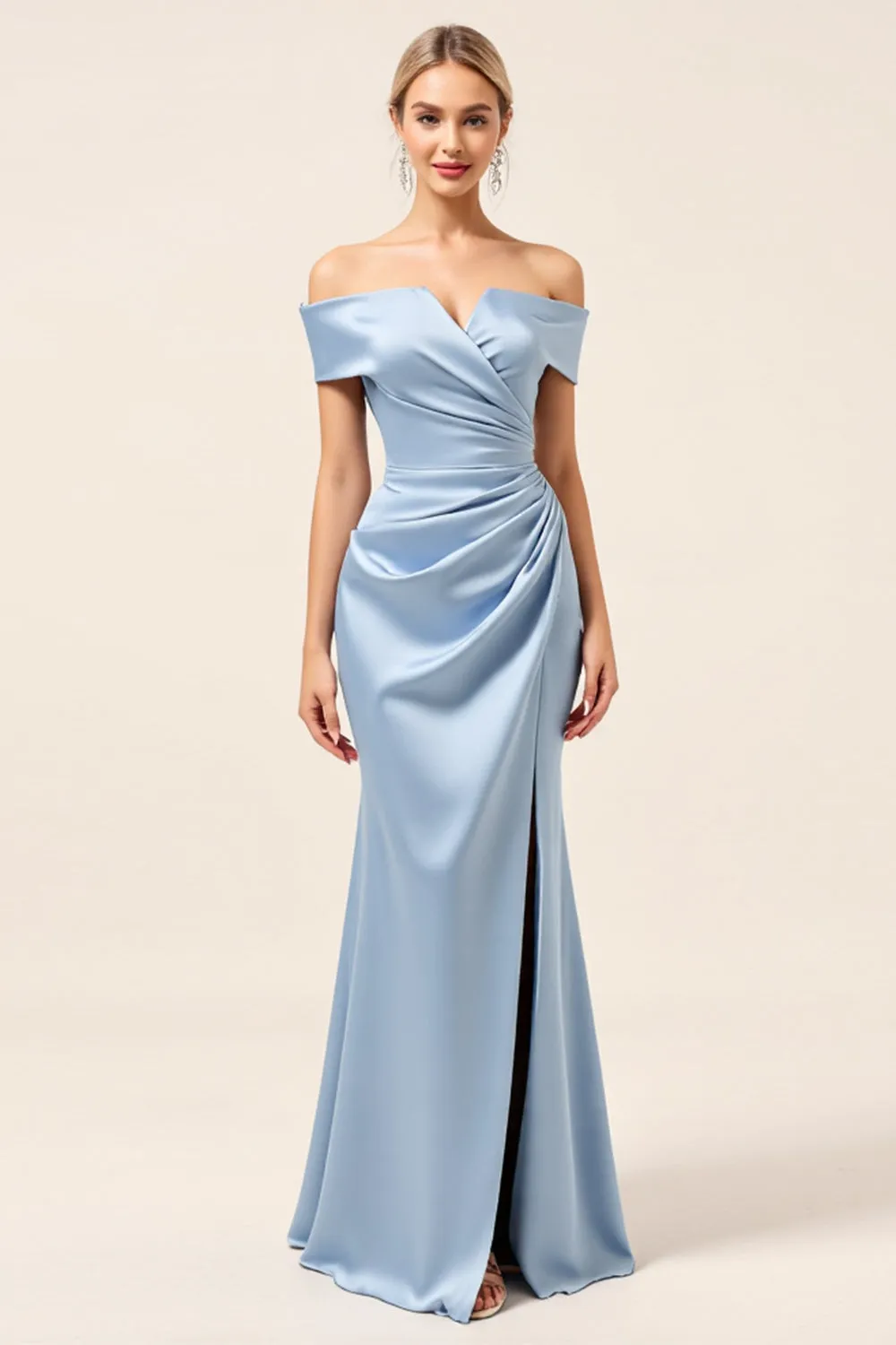 Sky Blue Off The Shoulder Satin Ruched Long Bridesmaid Dress with Slit sold by Zapaka