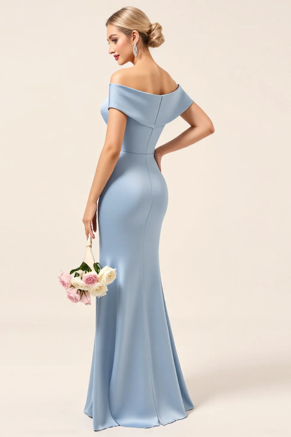 Sky Blue Off The Shoulder Satin Ruched Long Bridesmaid Dress with Slit sold by Zapaka product image thumbnail 2