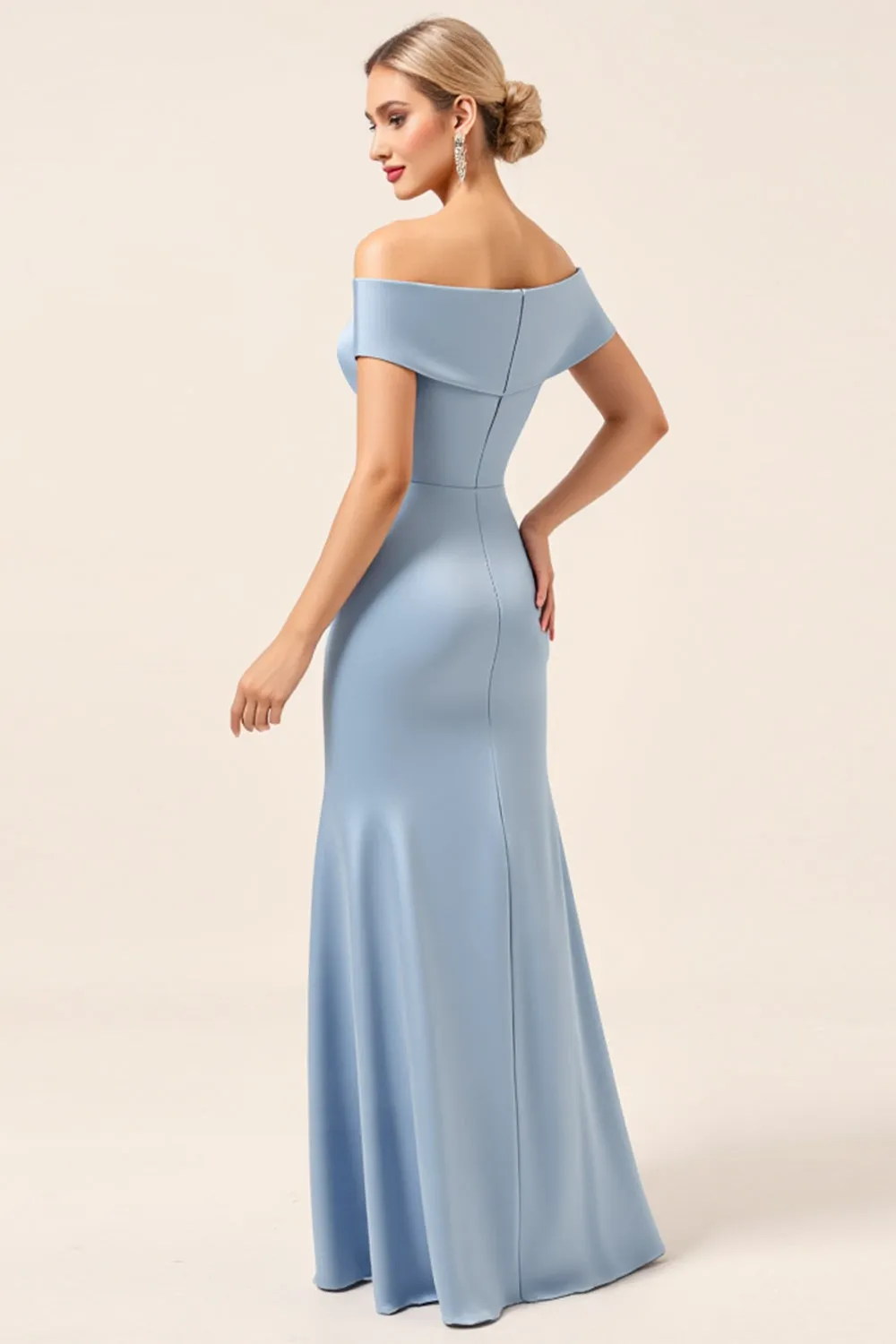 Sky Blue Off The Shoulder Satin Ruched Long Bridesmaid Dress with Slit sold by Zapaka product image thumbnail 3