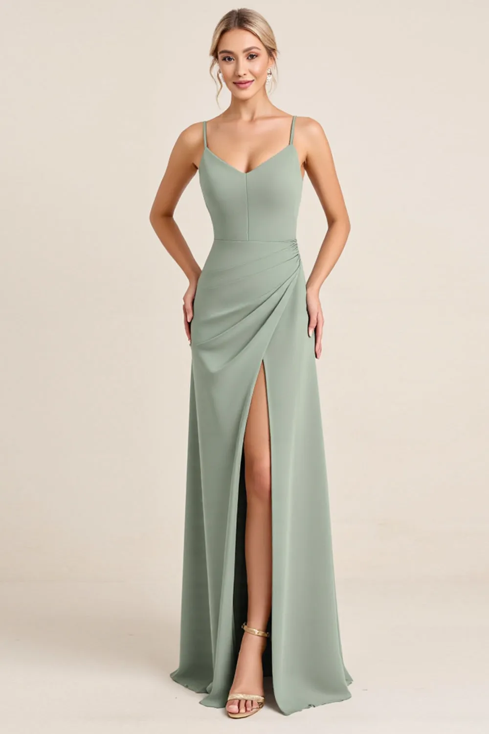 Matcha Sheath Long Spaghetti Straps Bridesmaid Dress with Slit sold by Zapaka
