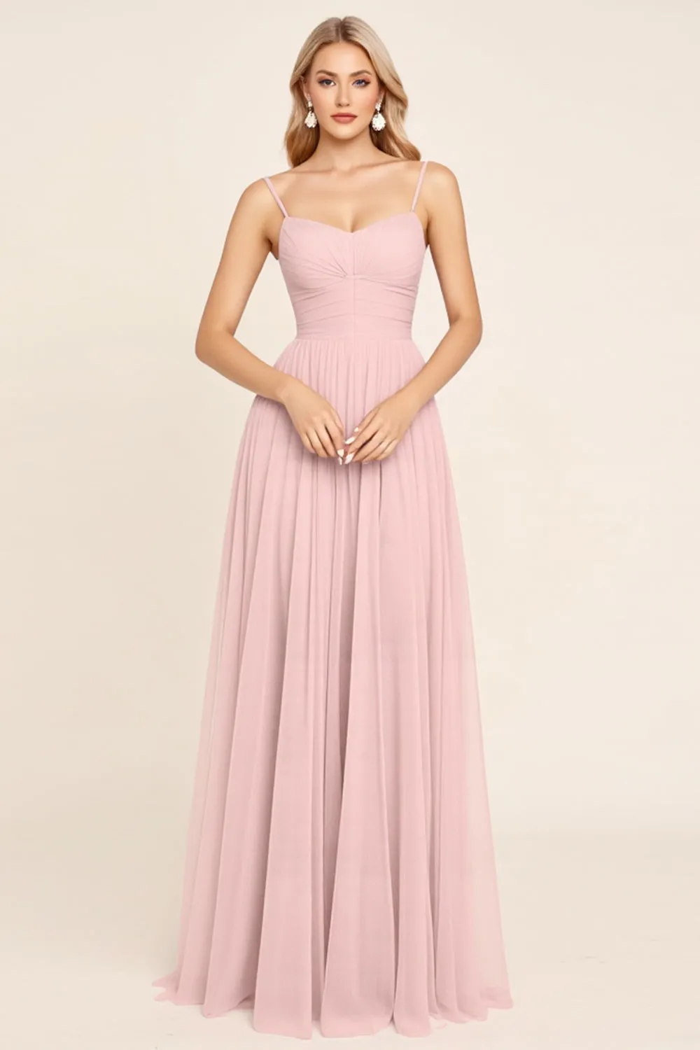 Candy Pink Chiffon A Line Spaghetti Straps Long Bridesmaid Dress sold by Zapaka