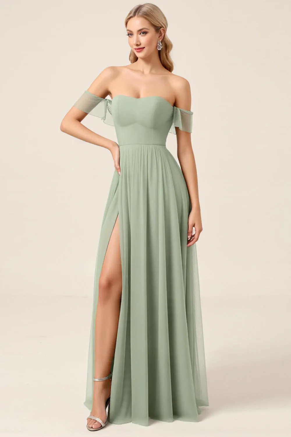 Matcha Chiffon A Line Off The Shoulder Long Bridesmaid Dress with Slit sold by Zapaka product image thumbnail 3