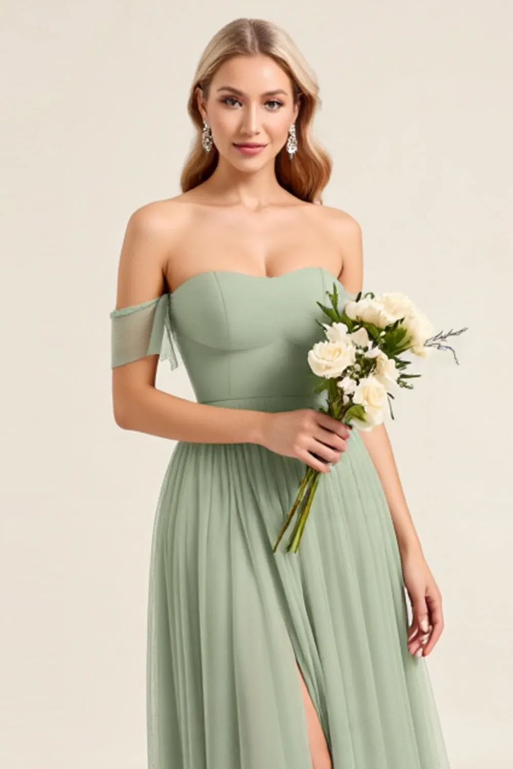 Matcha Chiffon A Line Off The Shoulder Long Bridesmaid Dress with Slit sold by Zapaka product image thumbnail 4