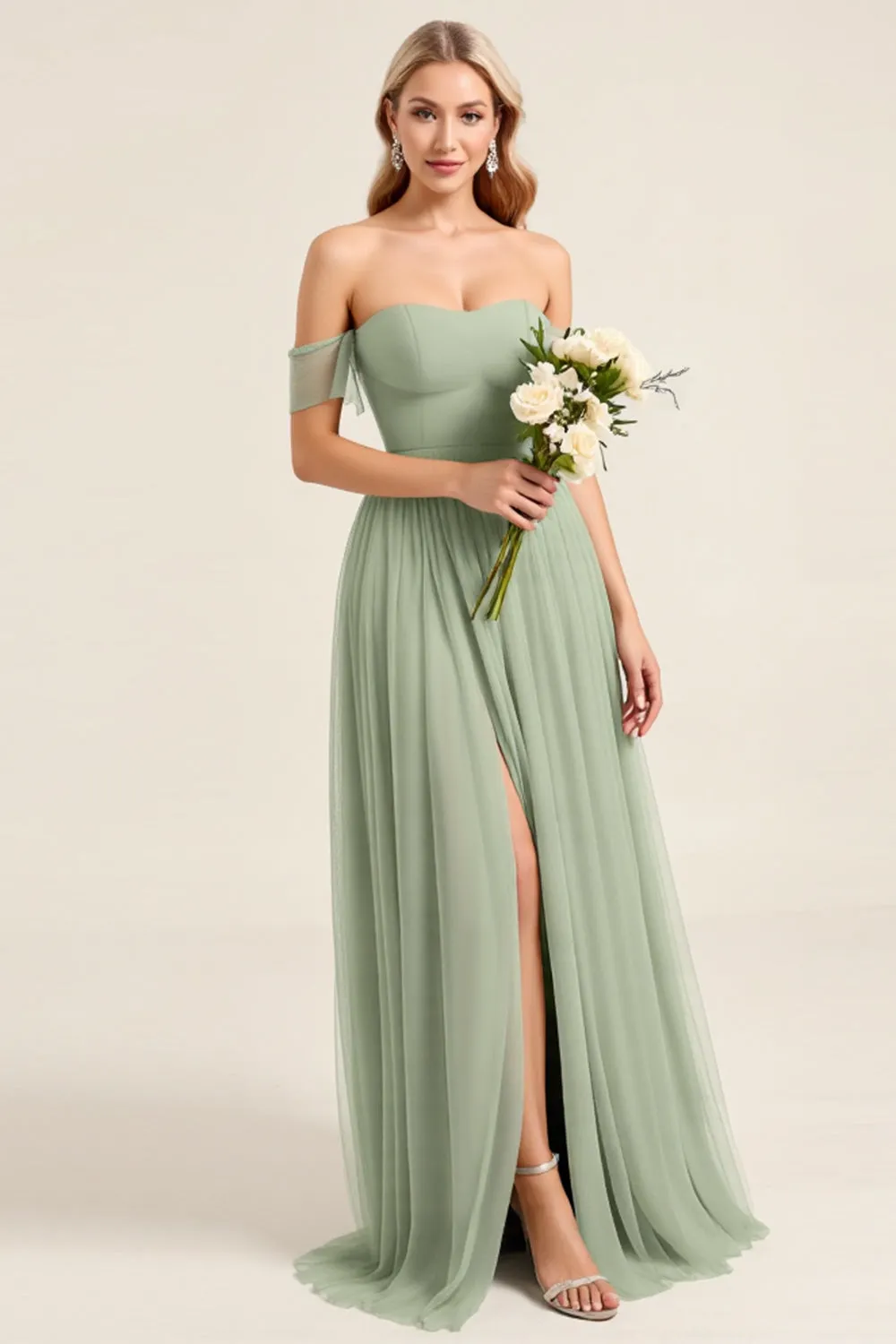 Matcha Chiffon A Line Off The Shoulder Long Bridesmaid Dress with Slit sold by Zapaka