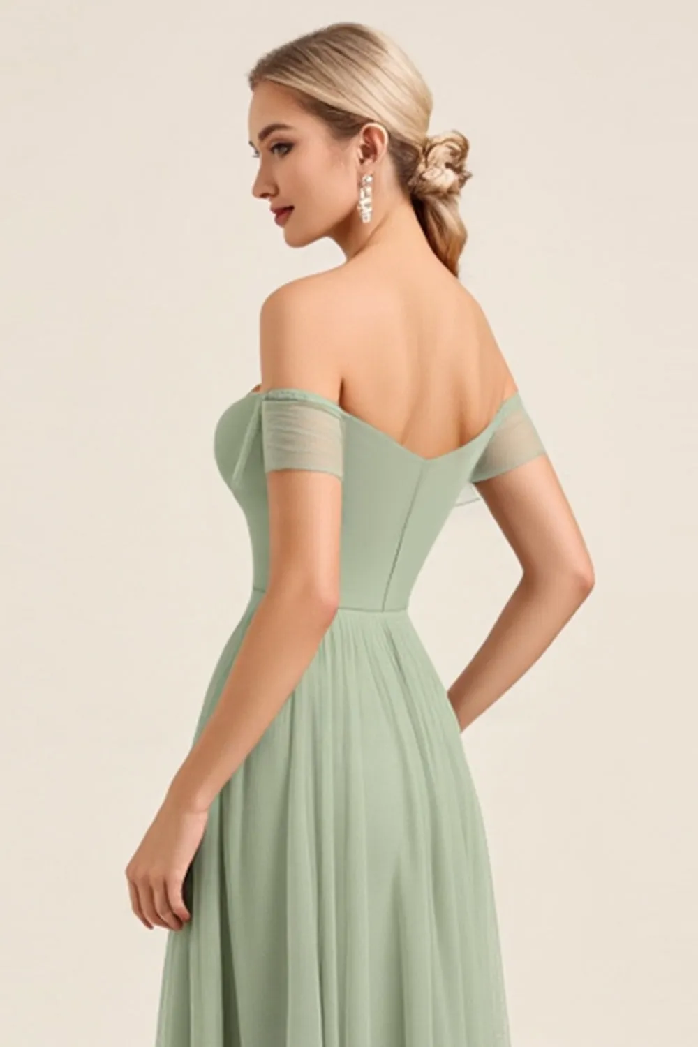 Matcha Chiffon A Line Off The Shoulder Long Bridesmaid Dress with Slit sold by Zapaka product image thumbnail 5