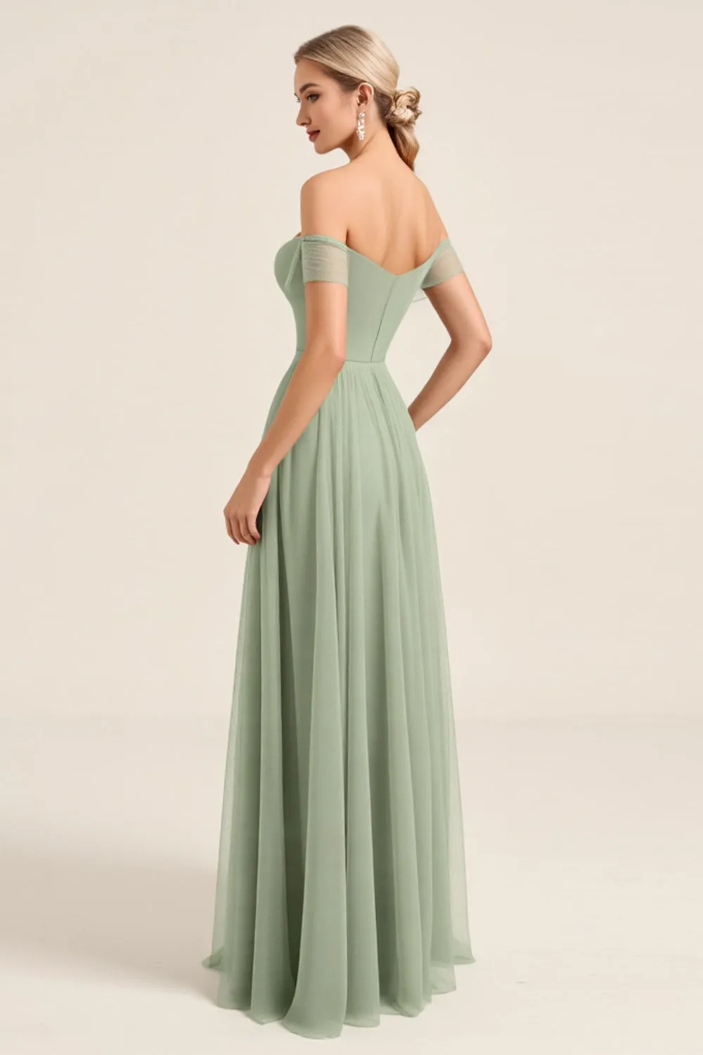 Matcha Chiffon A Line Off The Shoulder Long Bridesmaid Dress with Slit sold by Zapaka product image thumbnail 2