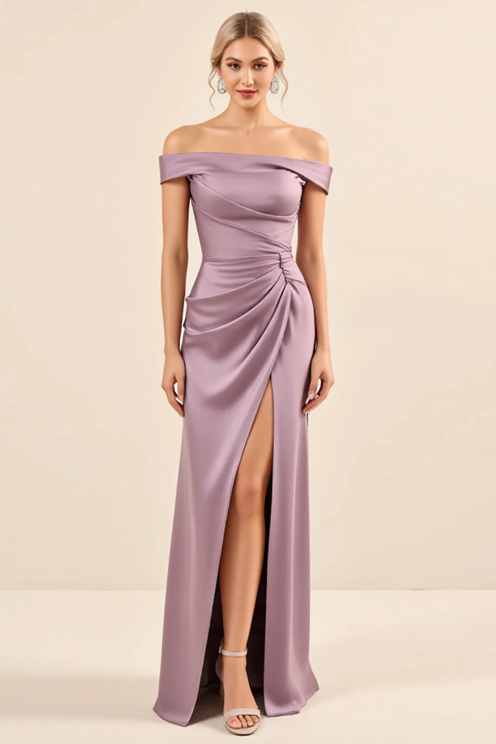 Vintage Mauve Sheath Off the Shoulder Satin Ruched Long Bridesmaid Dress sold by Zapaka