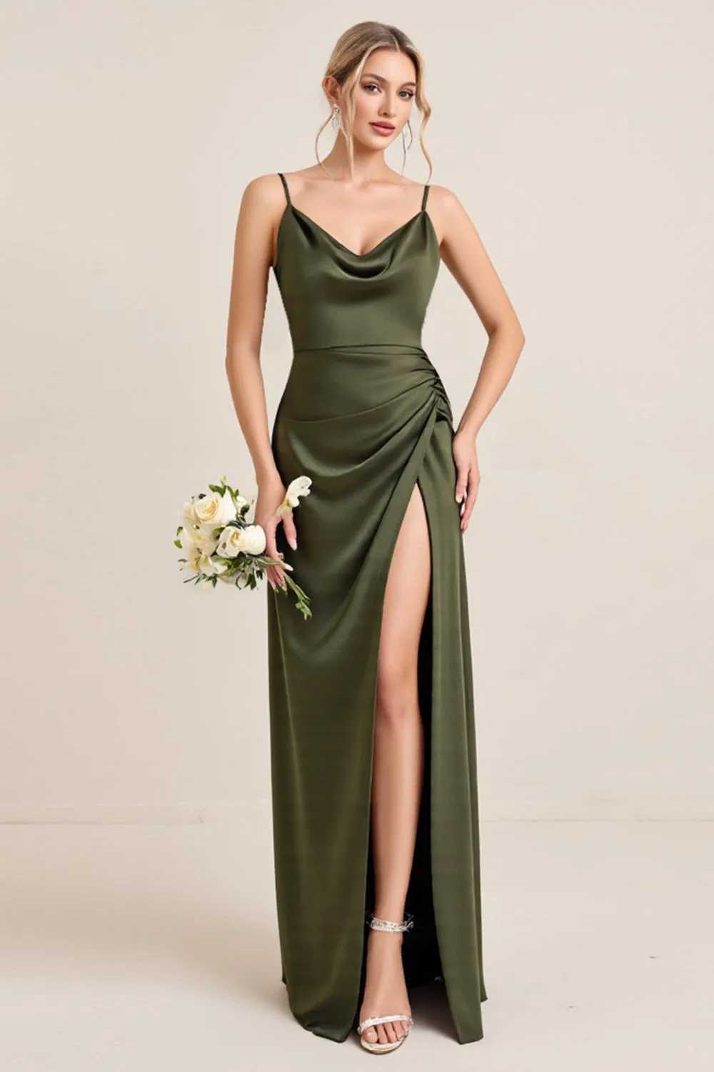 Olive Sheath Spaghetti Straps Satin Ruched Cowl Neck Long Bridesmaid Dress with Slit sold by Zapaka