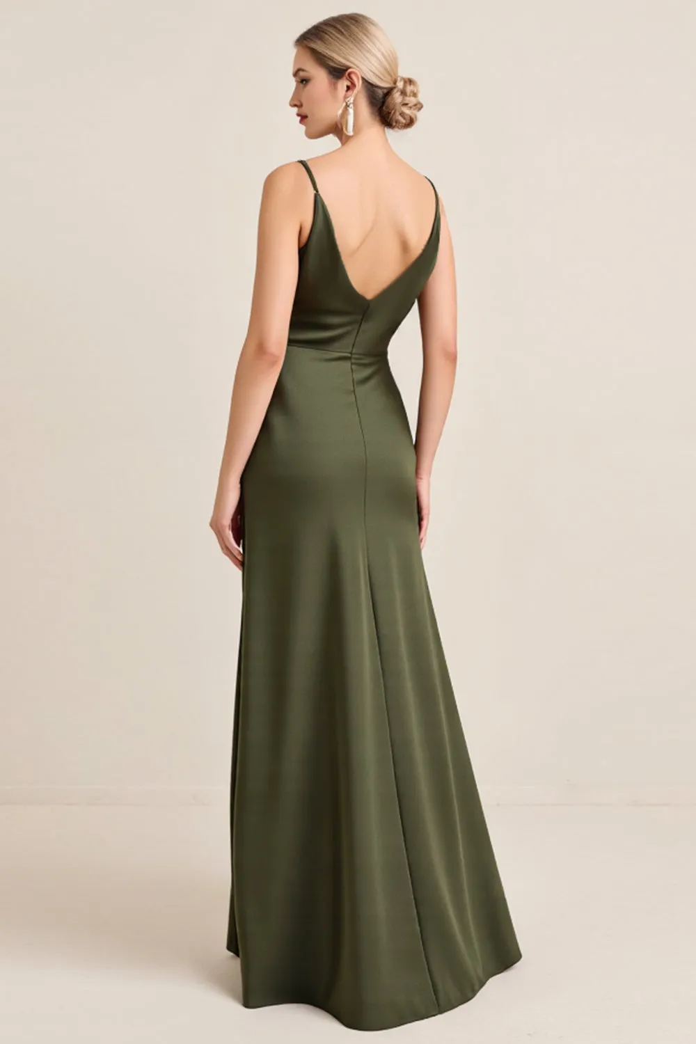 Olive Sheath Spaghetti Straps Satin Ruched Cowl Neck Long Bridesmaid Dress with Slit sold by Zapaka product image thumbnail 2
