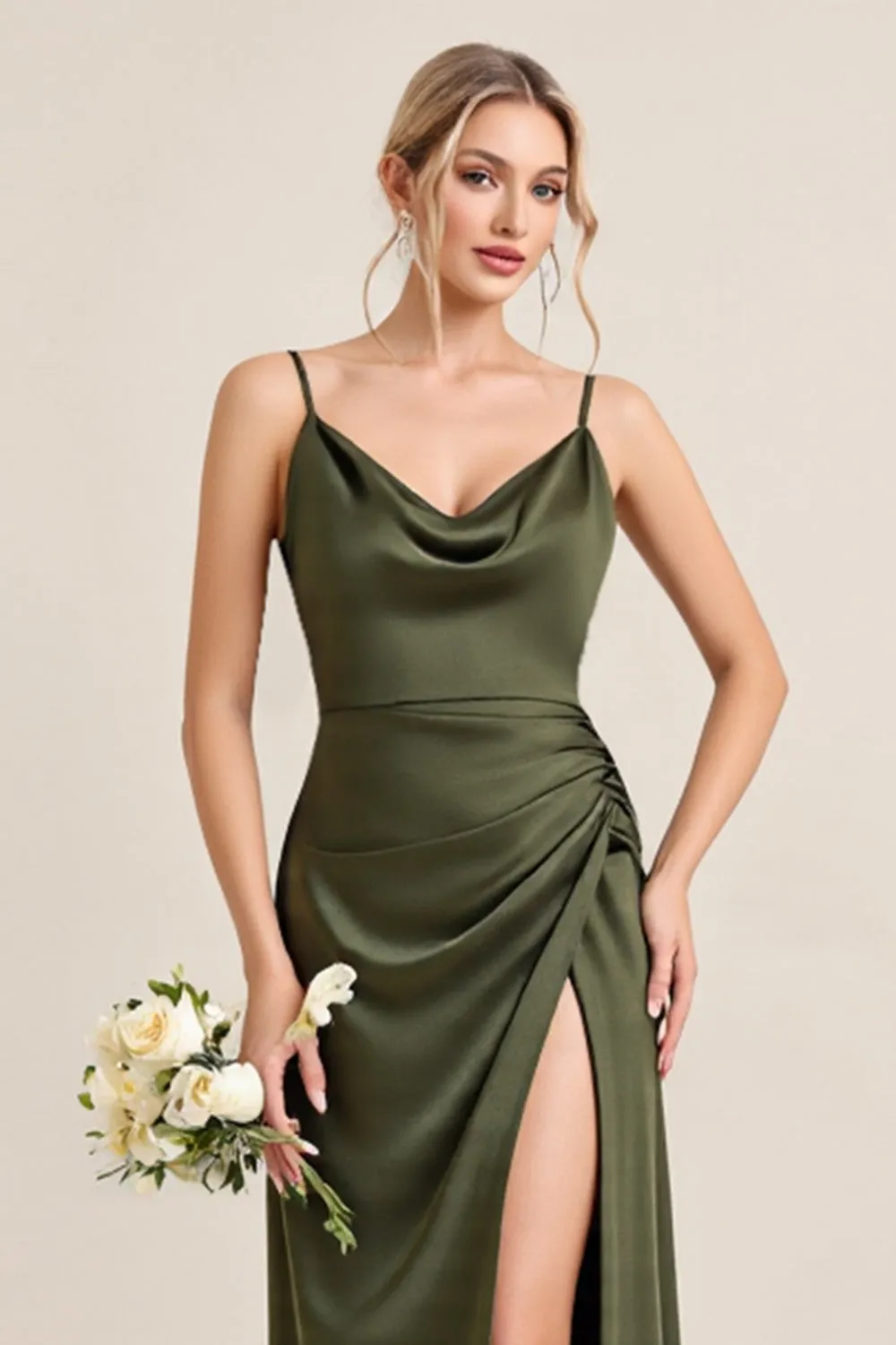Olive Sheath Spaghetti Straps Satin Ruched Cowl Neck Long Bridesmaid Dress with Slit sold by Zapaka product image thumbnail 3