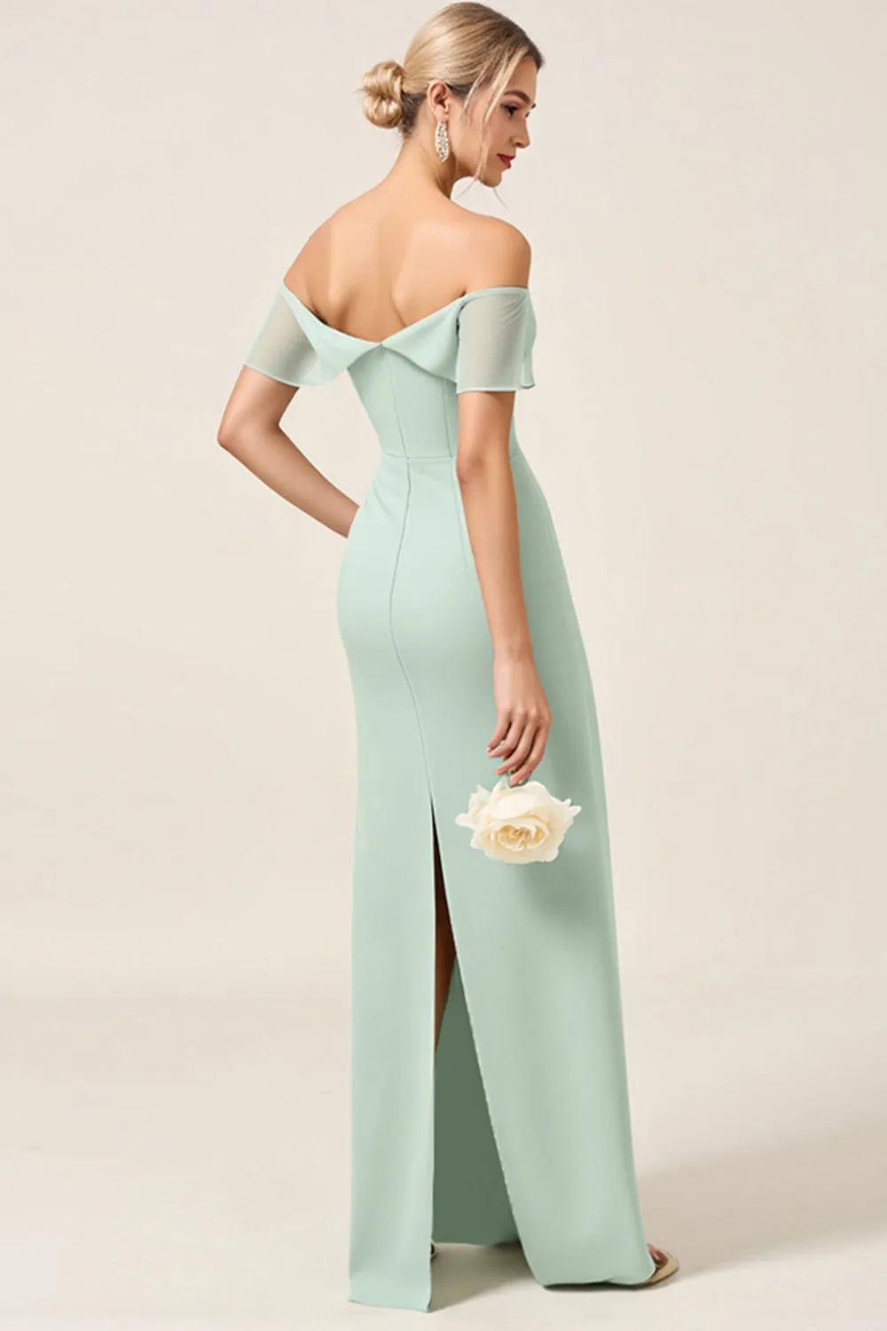 Mint Sheath Off the Shoulder Ruched Satin Long Bridesmaid Dress sold by Zapaka product image thumbnail 3