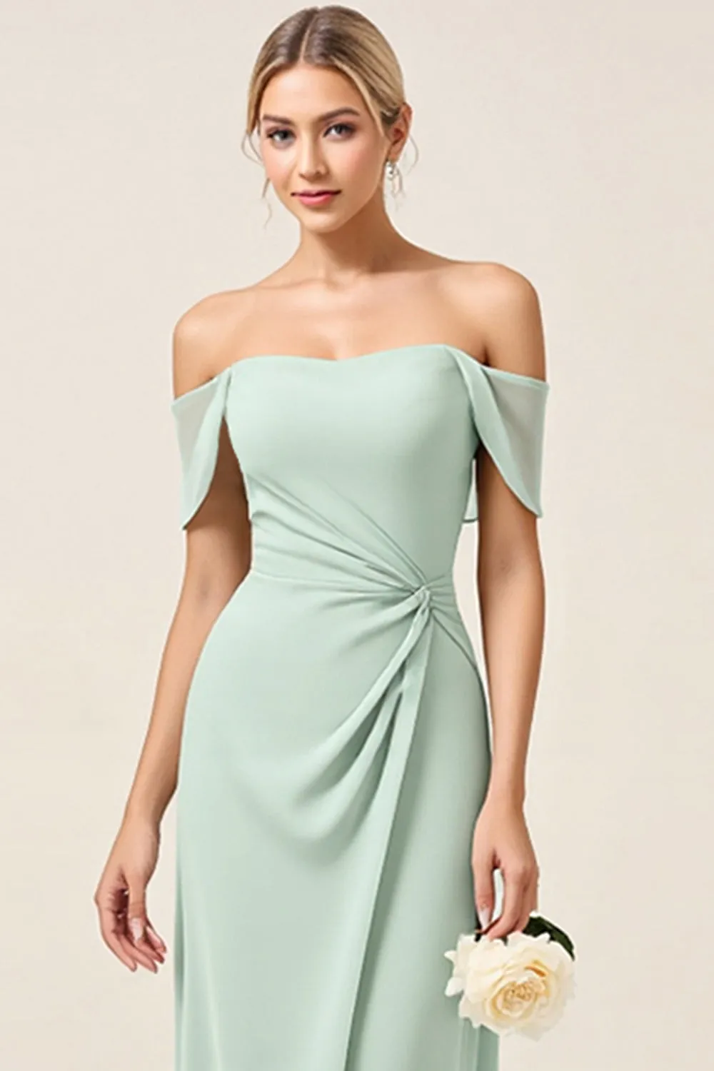 Mint Sheath Off the Shoulder Ruched Satin Long Bridesmaid Dress sold by Zapaka product image thumbnail 4