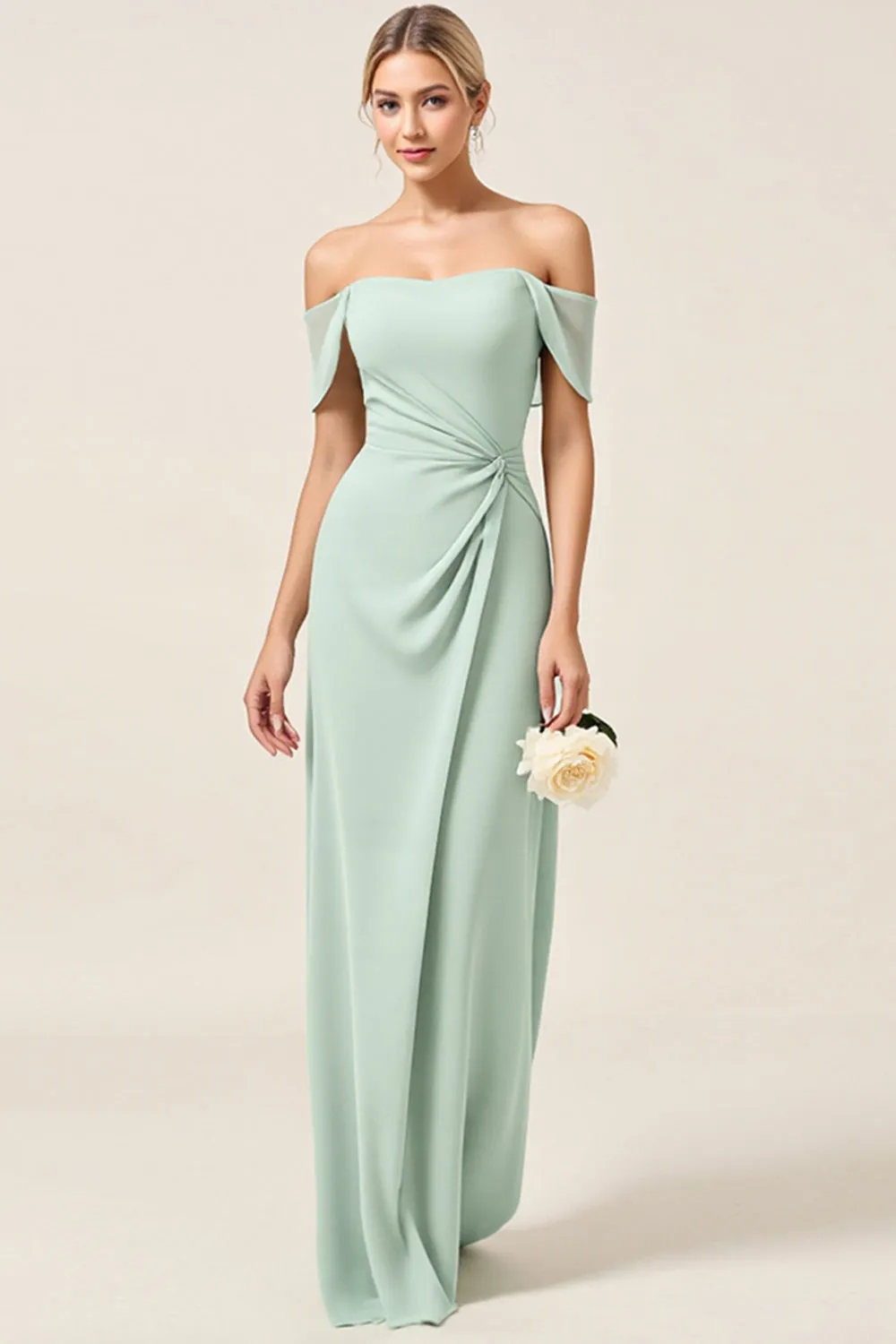 Mint Sheath Off the Shoulder Ruched Satin Long Bridesmaid Dress sold by Zapaka