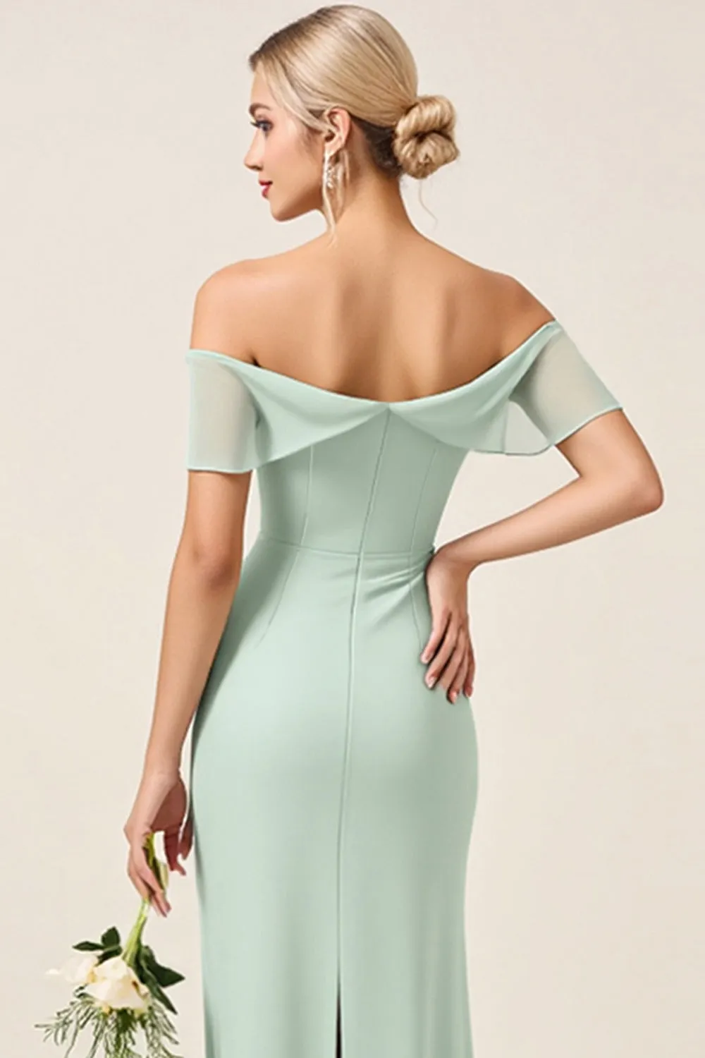 Mint Sheath Off the Shoulder Ruched Satin Long Bridesmaid Dress sold by Zapaka product image thumbnail 5