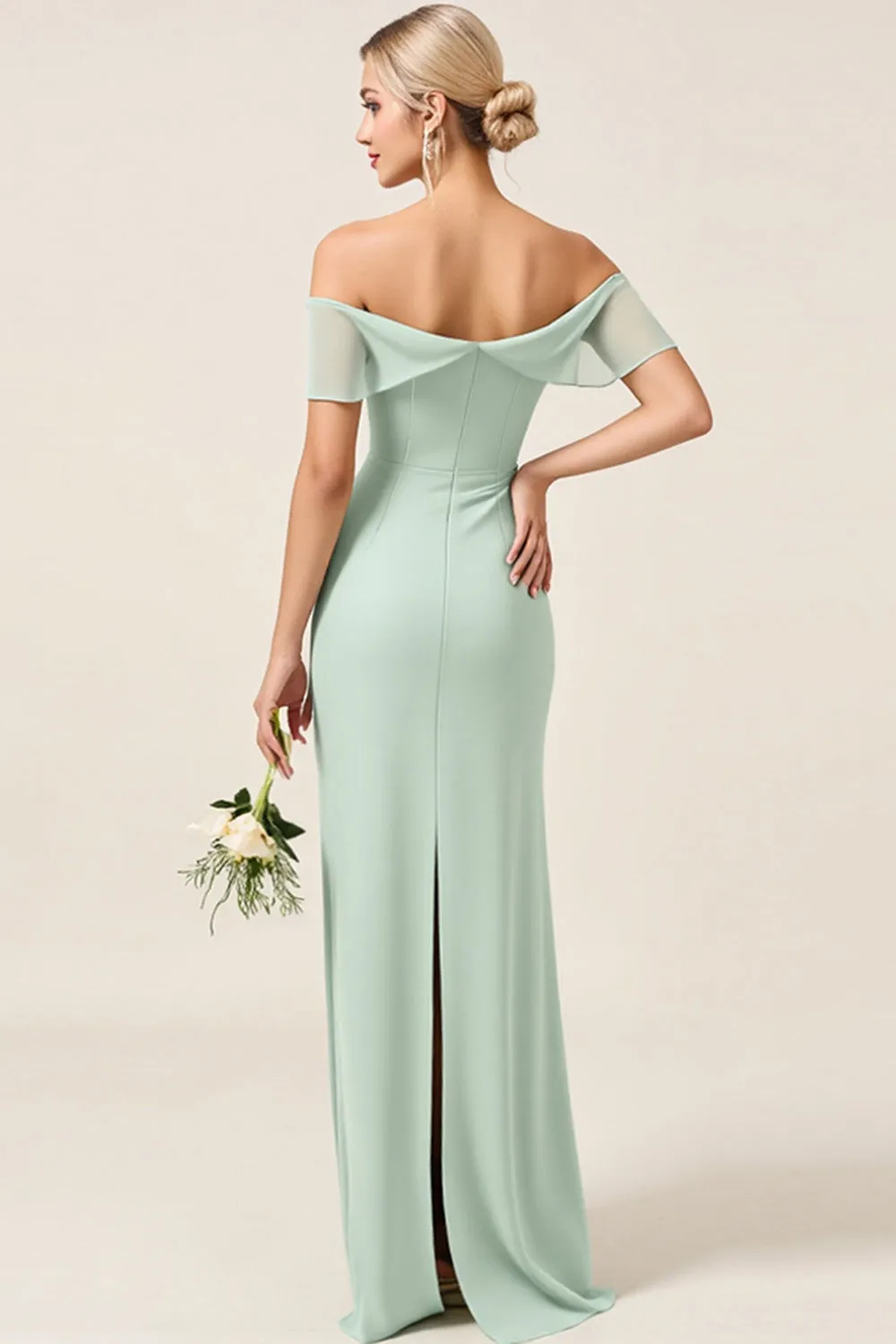 Mint Sheath Off the Shoulder Ruched Satin Long Bridesmaid Dress sold by Zapaka product image thumbnail 2