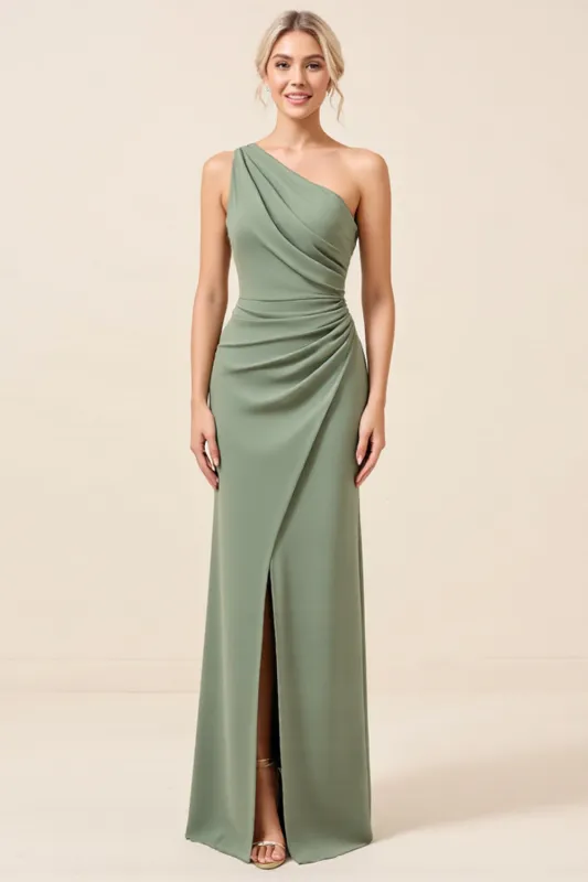 Matcha One Shoulder Chiffon Ruched Long Bridesmaid Dress with Slit sold by Zapaka