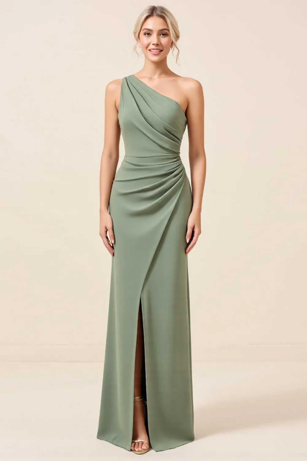 Matcha One Shoulder Chiffon Ruched Long Bridesmaid Dress with Slit sold by Zapaka