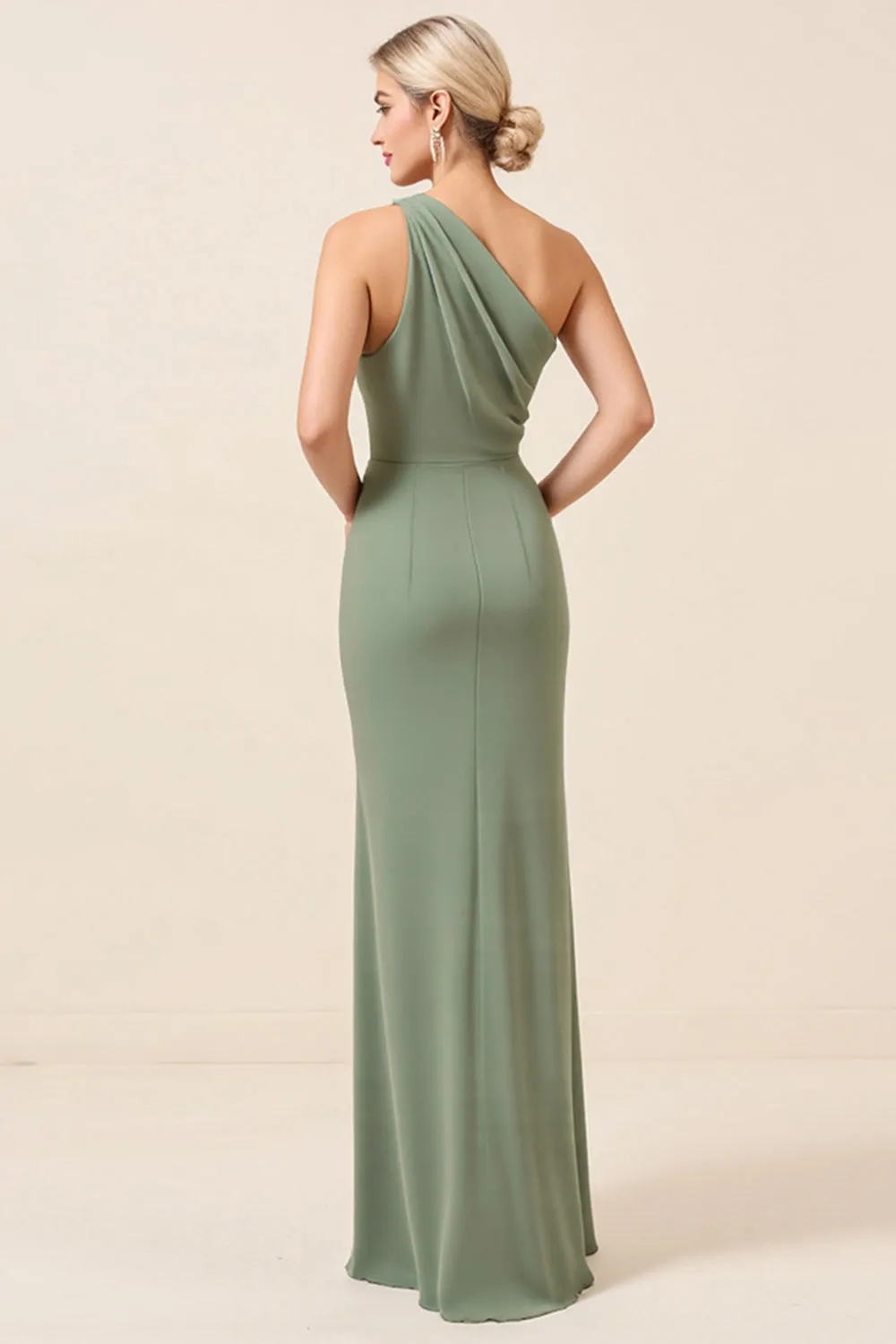 Matcha One Shoulder Chiffon Ruched Long Bridesmaid Dress with Slit sold by Zapaka product image thumbnail 2