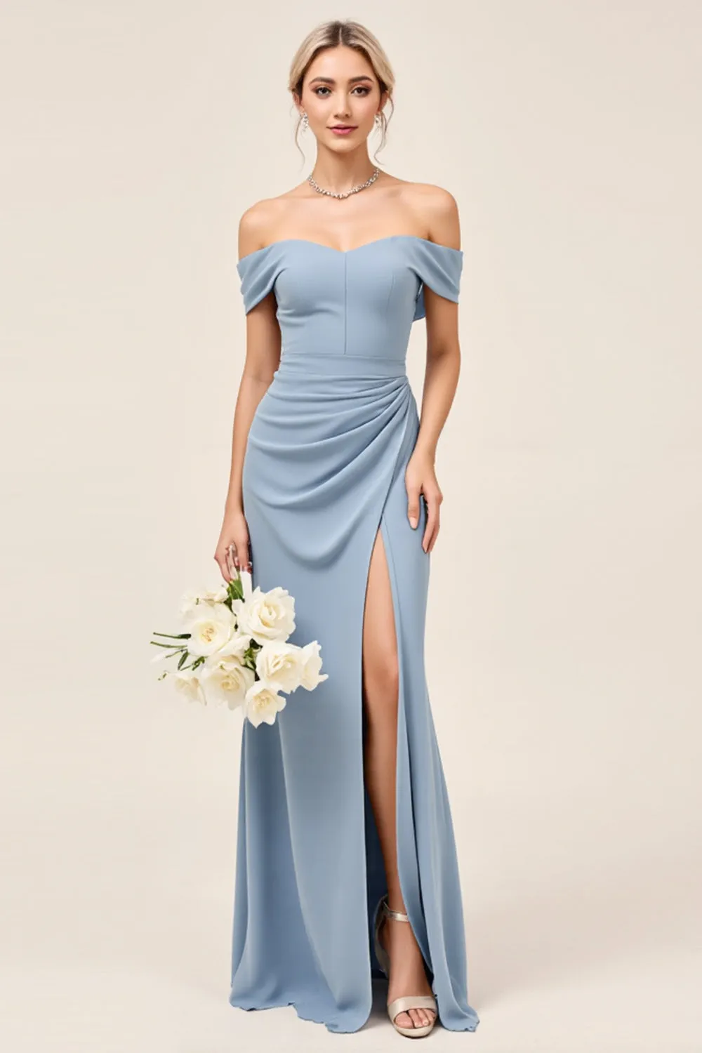 Chiffon Dusty Blue Ruched Off The Shoulder Long Bridesmaid Dress with Slit sold by Zapaka