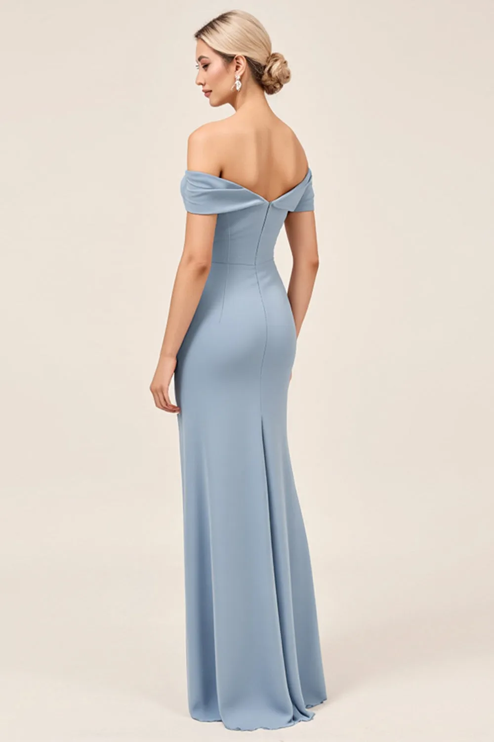 Chiffon Dusty Blue Ruched Off The Shoulder Long Bridesmaid Dress with Slit sold by Zapaka product image thumbnail 2