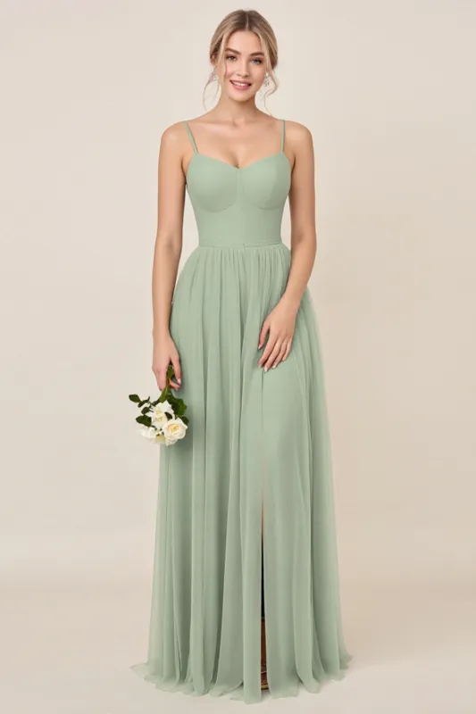 A Line Chiffon Matcha Long Bridesmaid Dress sold by Zapaka