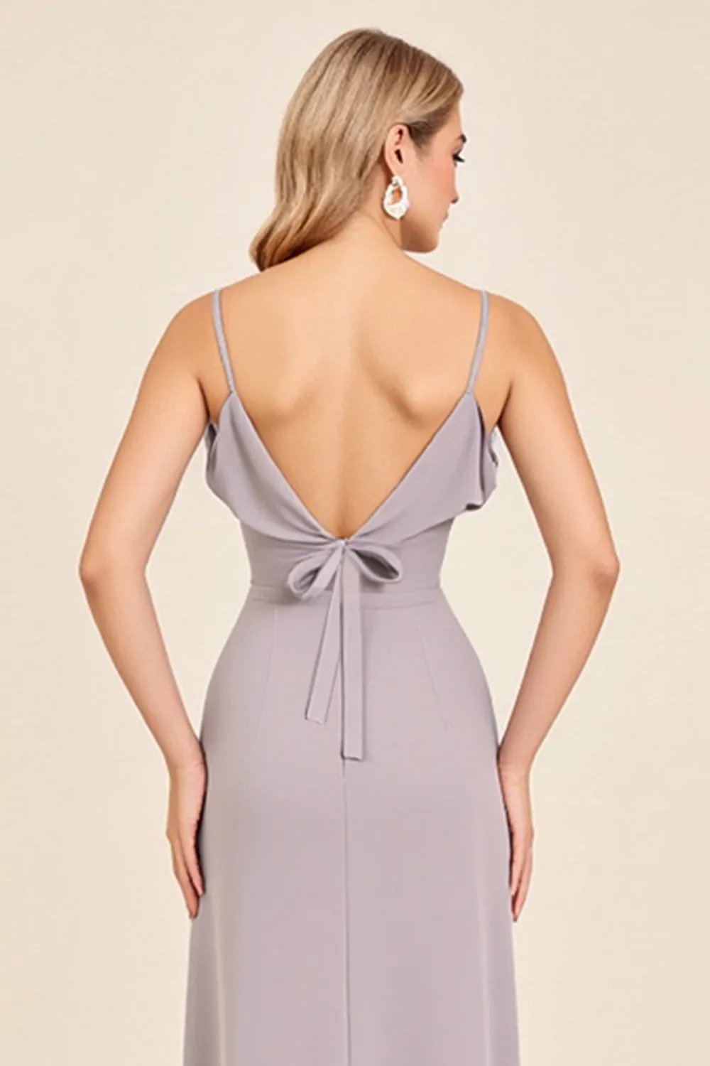 Silver Sheath Spaghetti Straps Ruched Satin Long Bridesmaid Dress with Slit sold by Zapaka product image thumbnail 4
