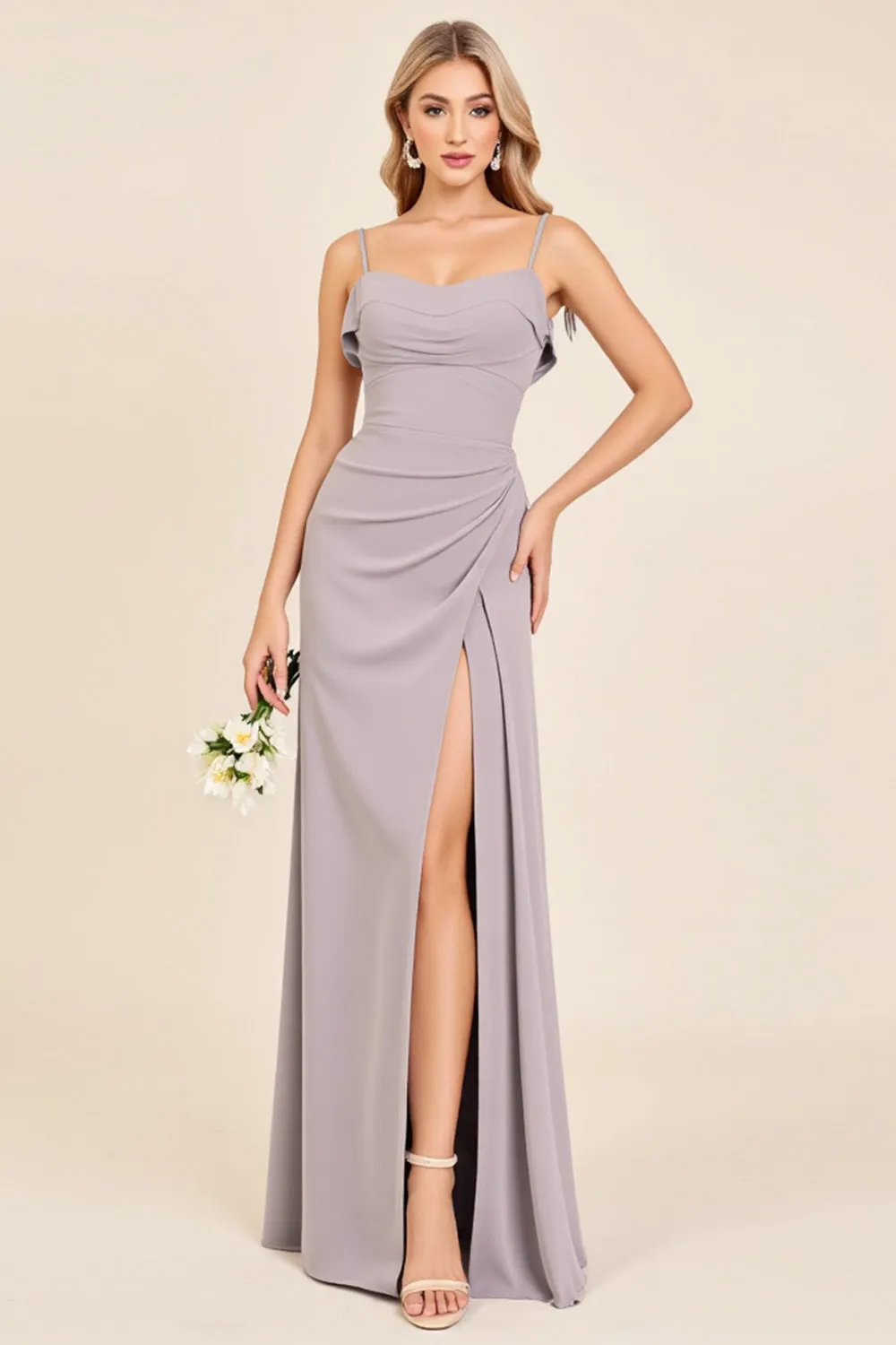 Silver Sheath Spaghetti Straps Ruched Satin Long Bridesmaid Dress with Slit sold by Zapaka