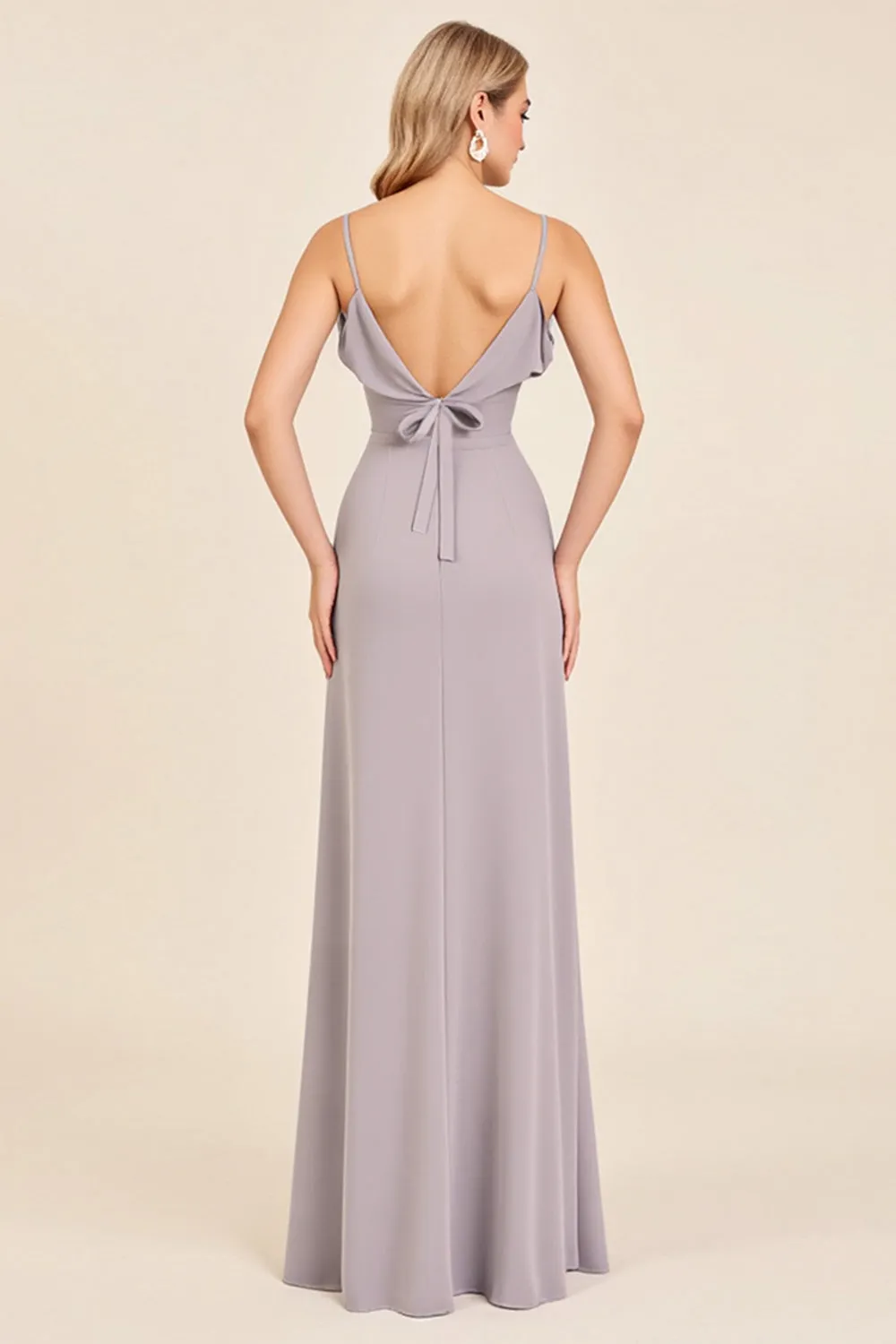 Silver Sheath Spaghetti Straps Ruched Satin Long Bridesmaid Dress with Slit sold by Zapaka product image thumbnail 2